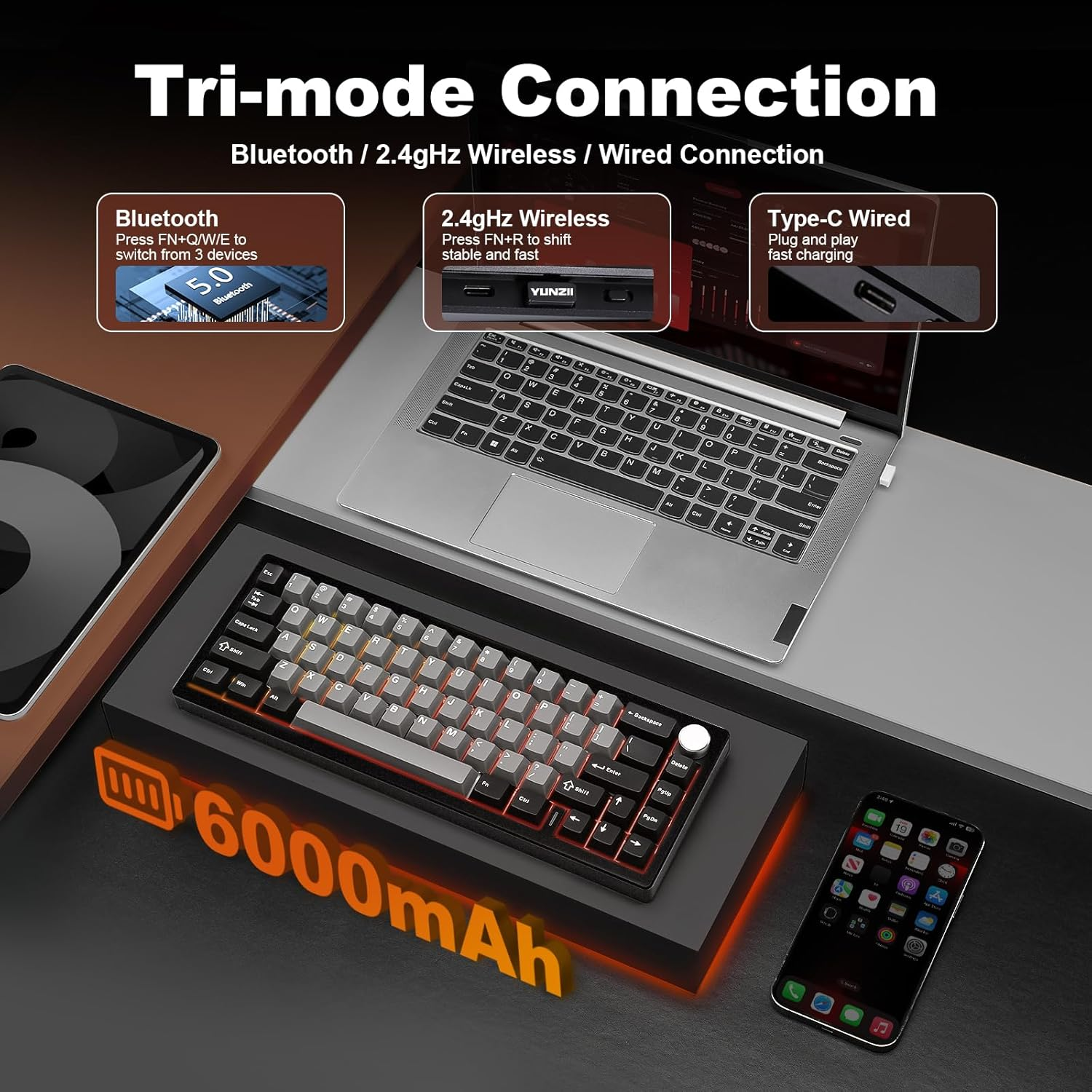 YUNZII AL68 Wireless Mechanical Keyboard 60%,QMK/VIA Aluminum Keyboard,Hot Swappable Custom Keyboard with Knob,Gasket Structure,Rgb Gaming Keyboard for Mac/Win/Linux (Black, Cocoa Cream V2 Switch) image number 6