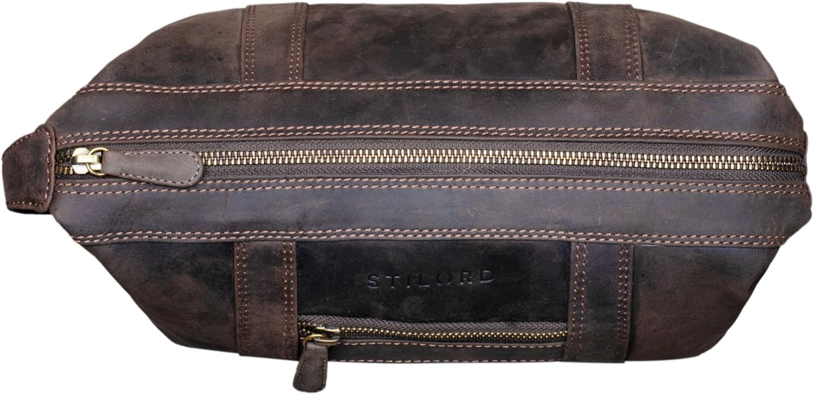 STILORD 'Bruno' Leather Toiletry Bag Vintage for Men Women Large Toiletry Bag Two Compartments Wash Bag with Handle for Travel - Dark - Brown image number 5