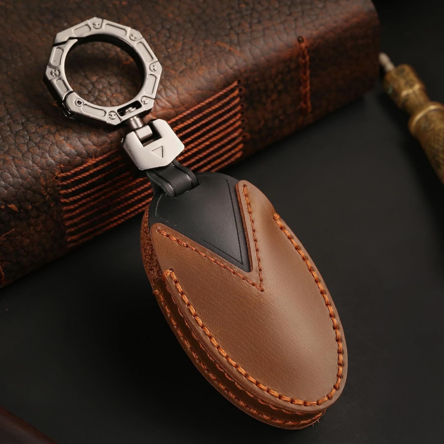 Ontto Key Fob Cover Case Keyring Fit for Hyundai Grandeur GN7 Ioniq 6 Kona 2023 2024 Leather Key Holder Shell Bag Keychain Protector Accessories 5 Buttons Brown image number 5
