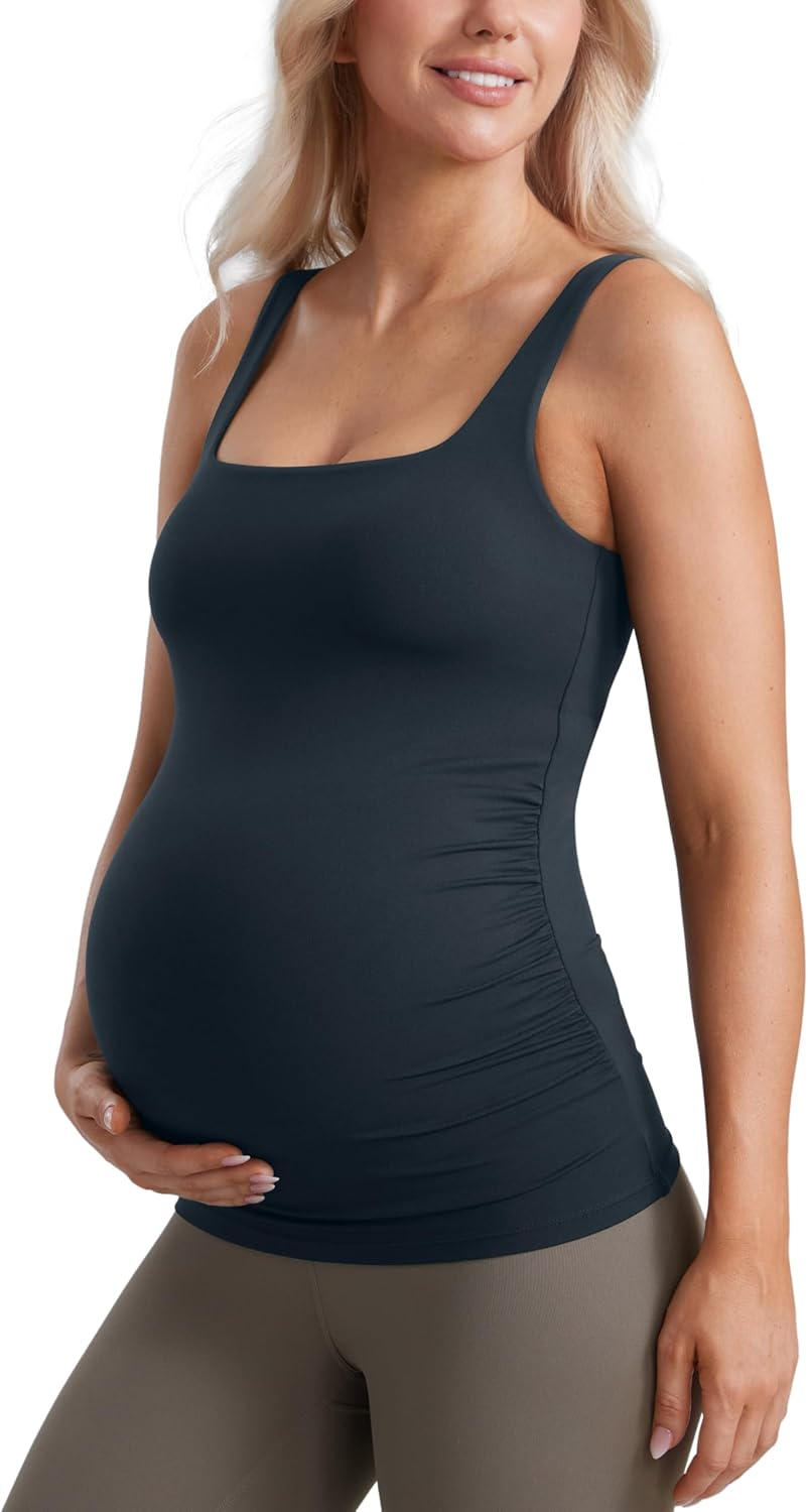CRZ YOGA Butterluxe Womens Square Neck Maternity Tank Tops Ruched Sleeveless Pregnancy Yoga Tee Shirt with Built in Bra