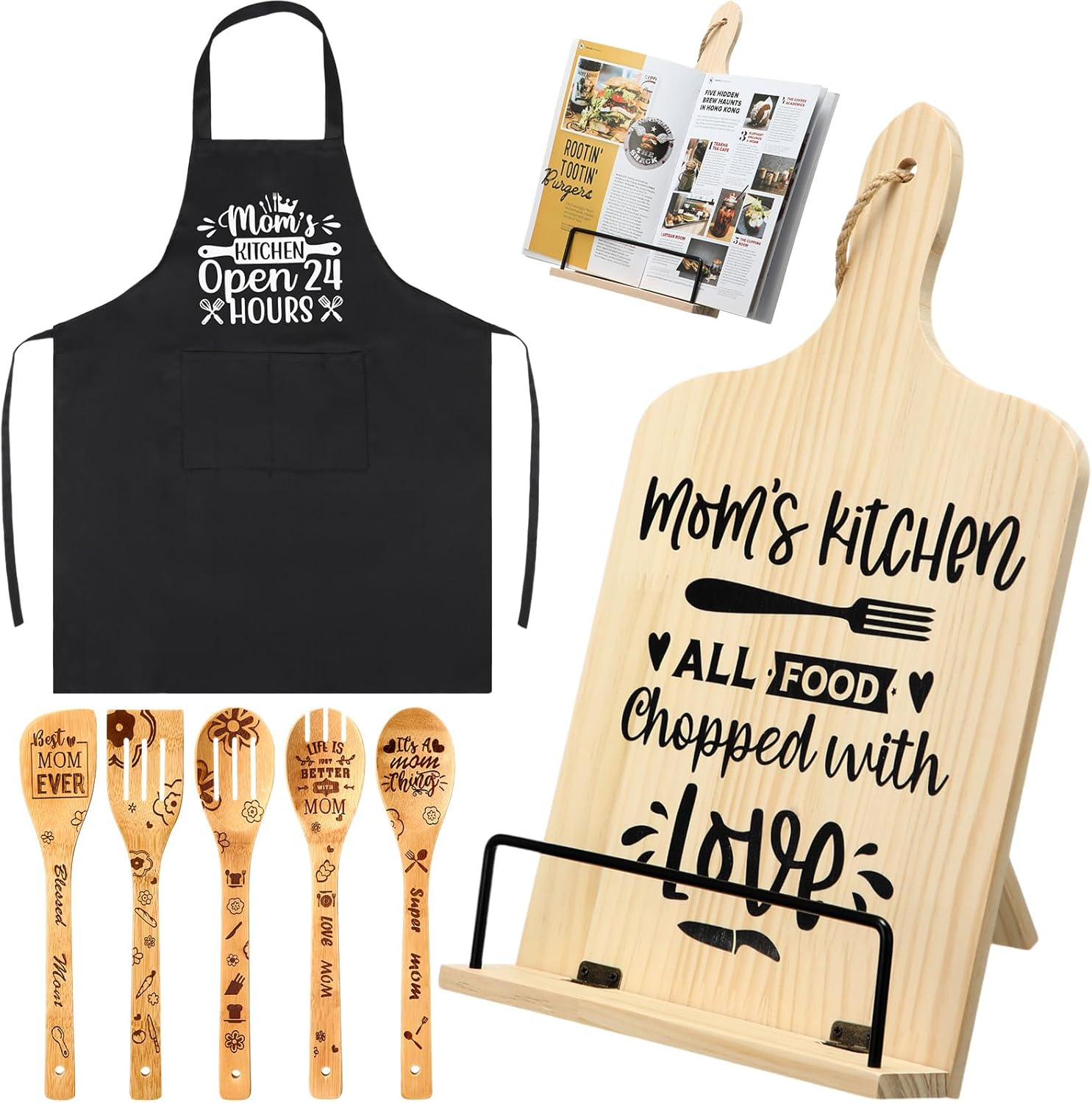 7 Pcs Gifts for Grandma Mom NANA, Christmas Gifts Birthday Gift Wooden Adjustment Cookbook Stand Cooking Utensils Set Kitchen Apron for Birthday Christmas Thanksgiving Winter Gift (Mom)