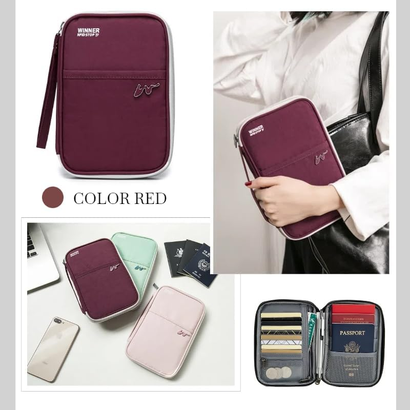 P-H1 Travel Family Passport Holder RFID Blocking Passport Waterproof Wallets for Men Women Travel Document Organizer, Lightweight Portable Passport Cover with Zipper Pocket (Wine Red) image number 4
