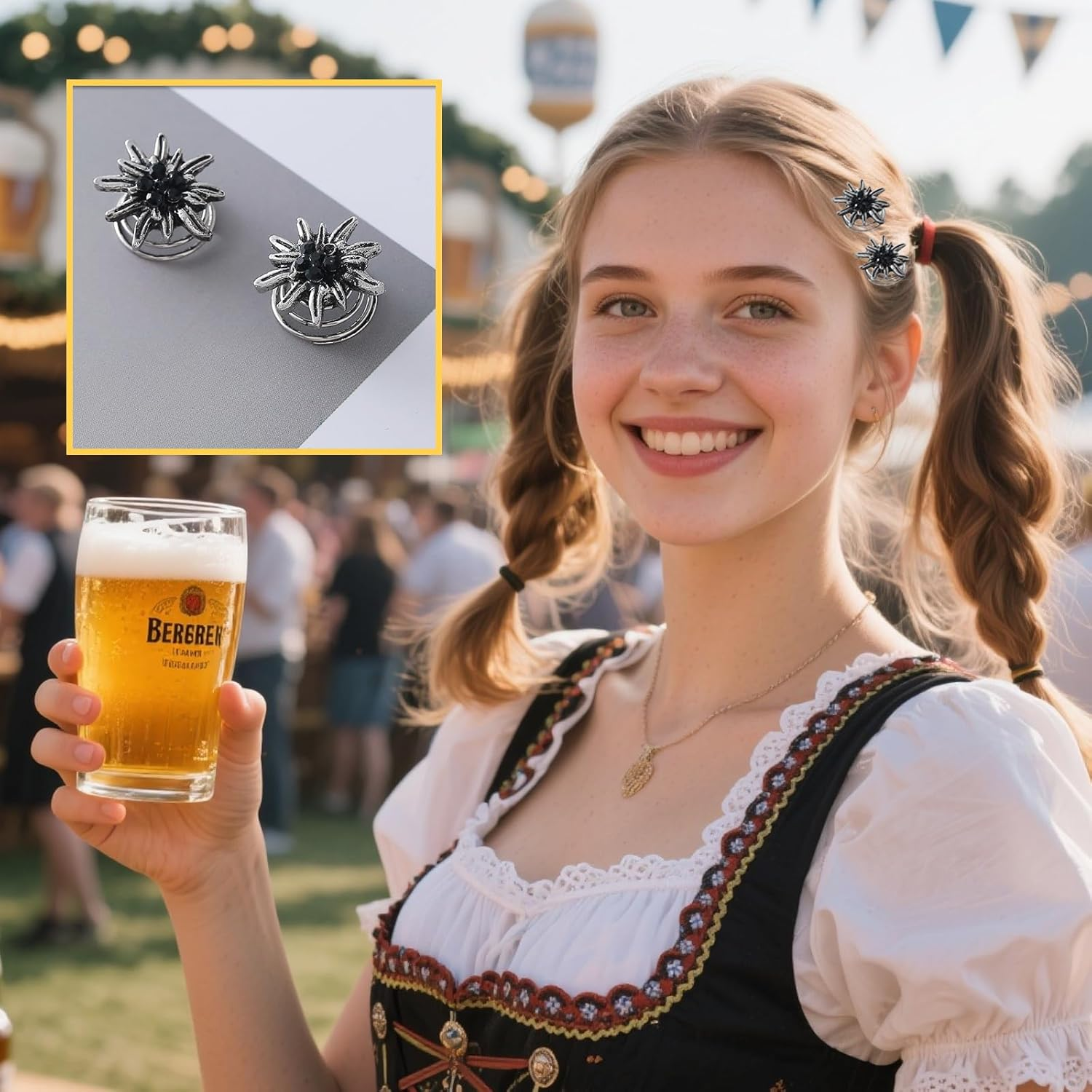 Set of 5 Traditional Rhinestone Edelweiss Hair Accessories, Silver, Hair Clips, Rhinestone Edelweiss Set of 6, Elegant Wavy Shape Hair Clips, Spring Clips for Bavarian Beer Festival, Dirndl Jewellery image number 5