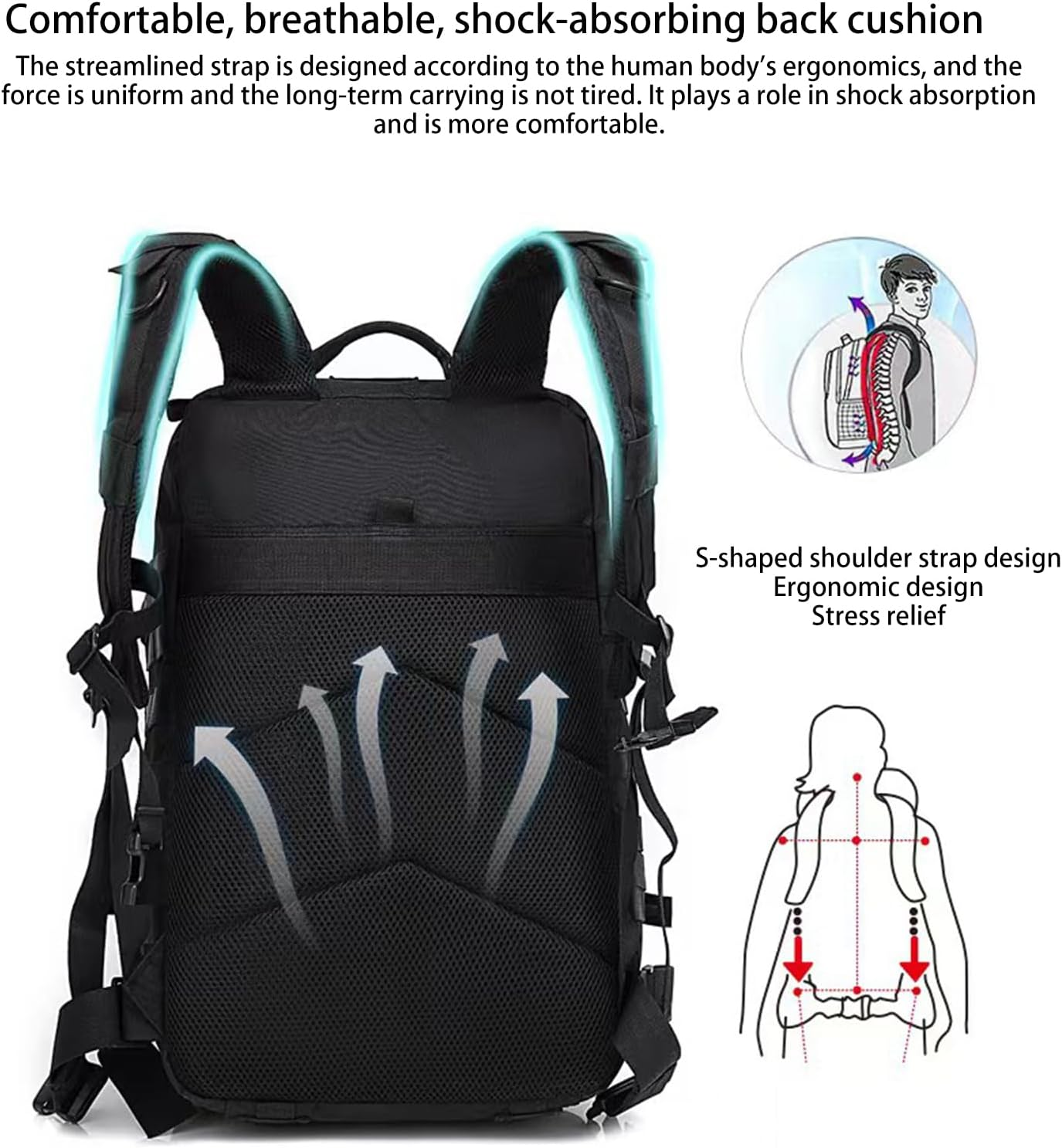 Toguma 50L Tactical Backpack Assault Pack with Adjustable Shoulder Strap, Hiking Trekking Rucksack Large Daypack Laptop Backpack Computer Bag for Woman Man (Camouflage Black) image number 2