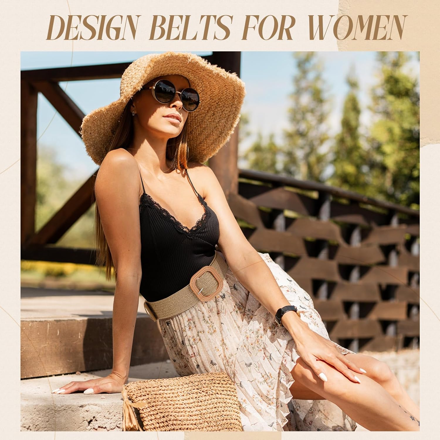 Syhood Women Straw Woven Belt Elastic Rattan Waist Belt Stretch Boho Dress Braided Belt Raffia Belt with Wood Buckle for Girl - Purple image number 6