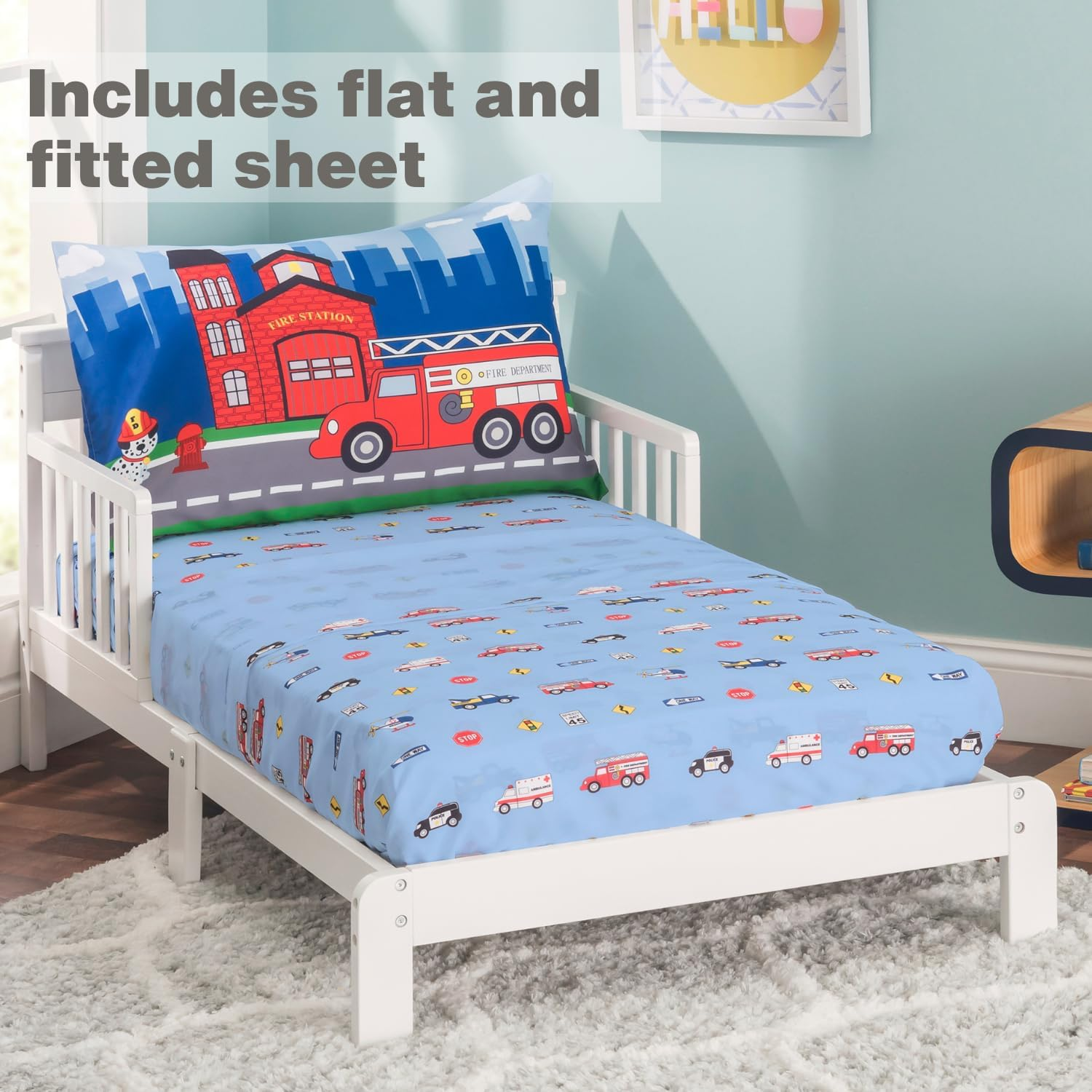 Everyday Kids 4 Piece Toddler Bedding Set -Fire and Police Rescue- Includes Comforter Flat Sheet Fitted Sheet and Reversible Pillowcase image number 7