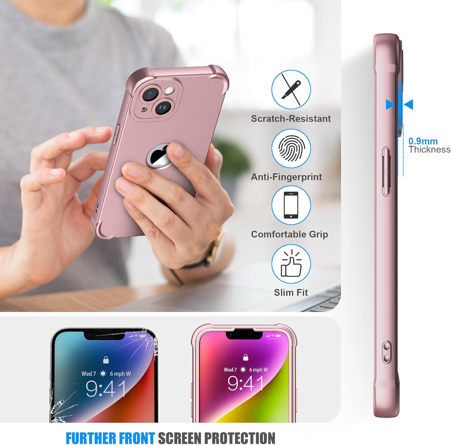 ORETECH Designed for Iphone 14 Case with [2 X Tempered Glass Screen Protector] [Shockproof Protective] Soft TPU Silicone Phone Case for Iphone 14 Case-6.1''Rosegold - Black image number 2