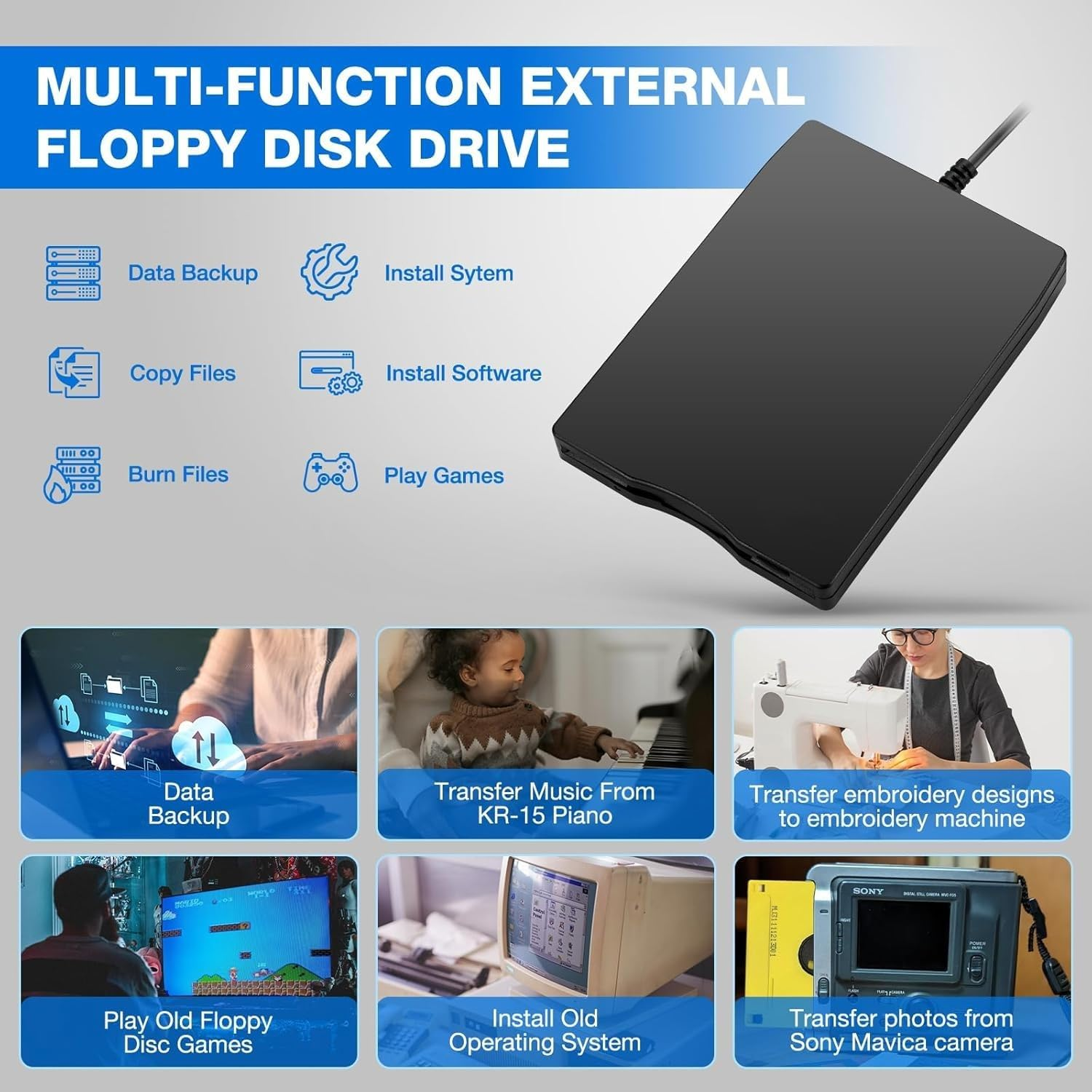 Ruaizel USB External Floppy Drive, 3.5In Portable 1.44 MB 720BKB FDD Floppy Disk Drive with USB Interface for Windows XP/7/8/10/98/2000/ME/SE/VISTA (Black)