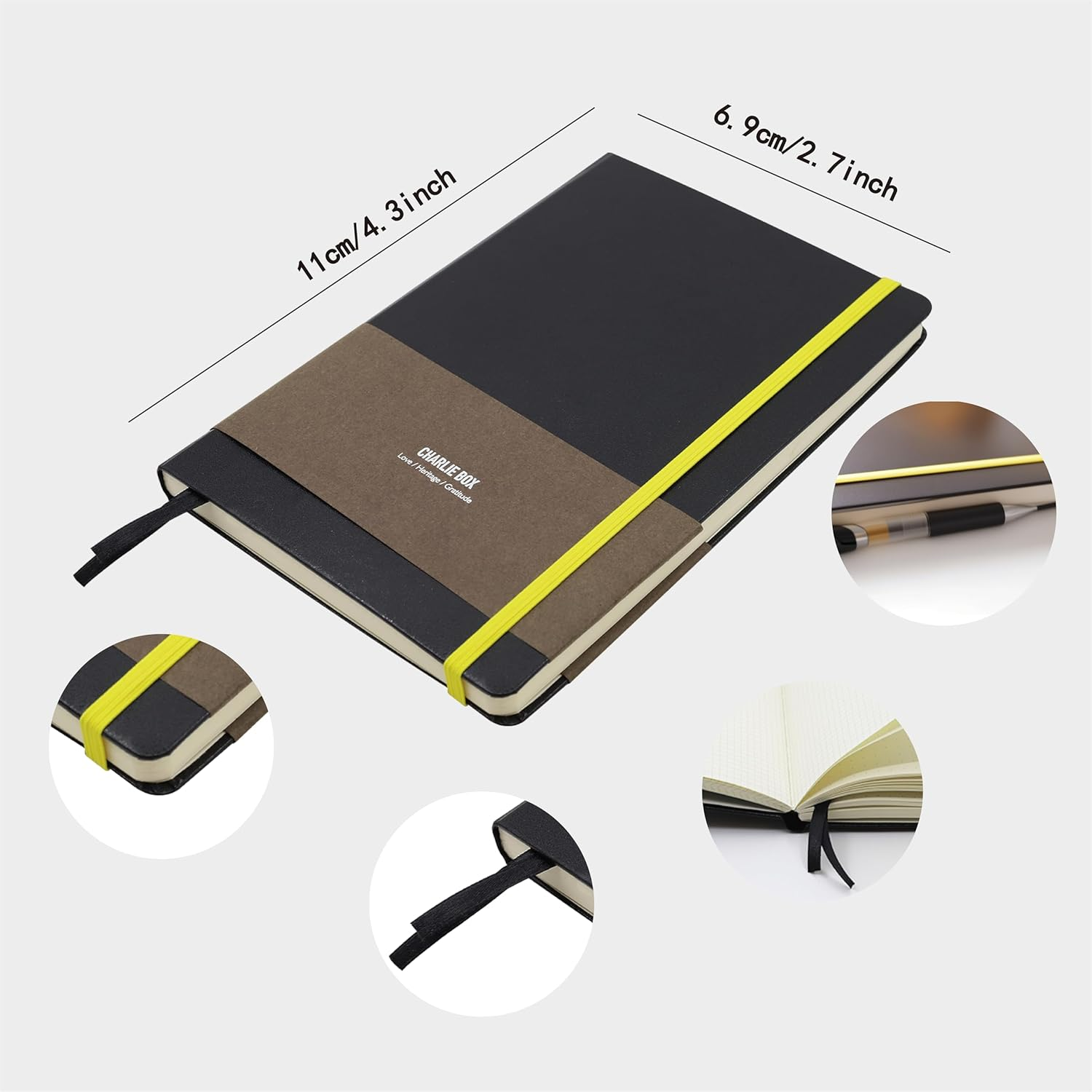 TUNJILOOL A7 Leather Journal Notebook - 2Pack Dotted/Grid/Blank Pages, 100GSM Thick Paper, Water-Resistant Cover, Elastic Closure & Inner Pocket (Black) image number 4