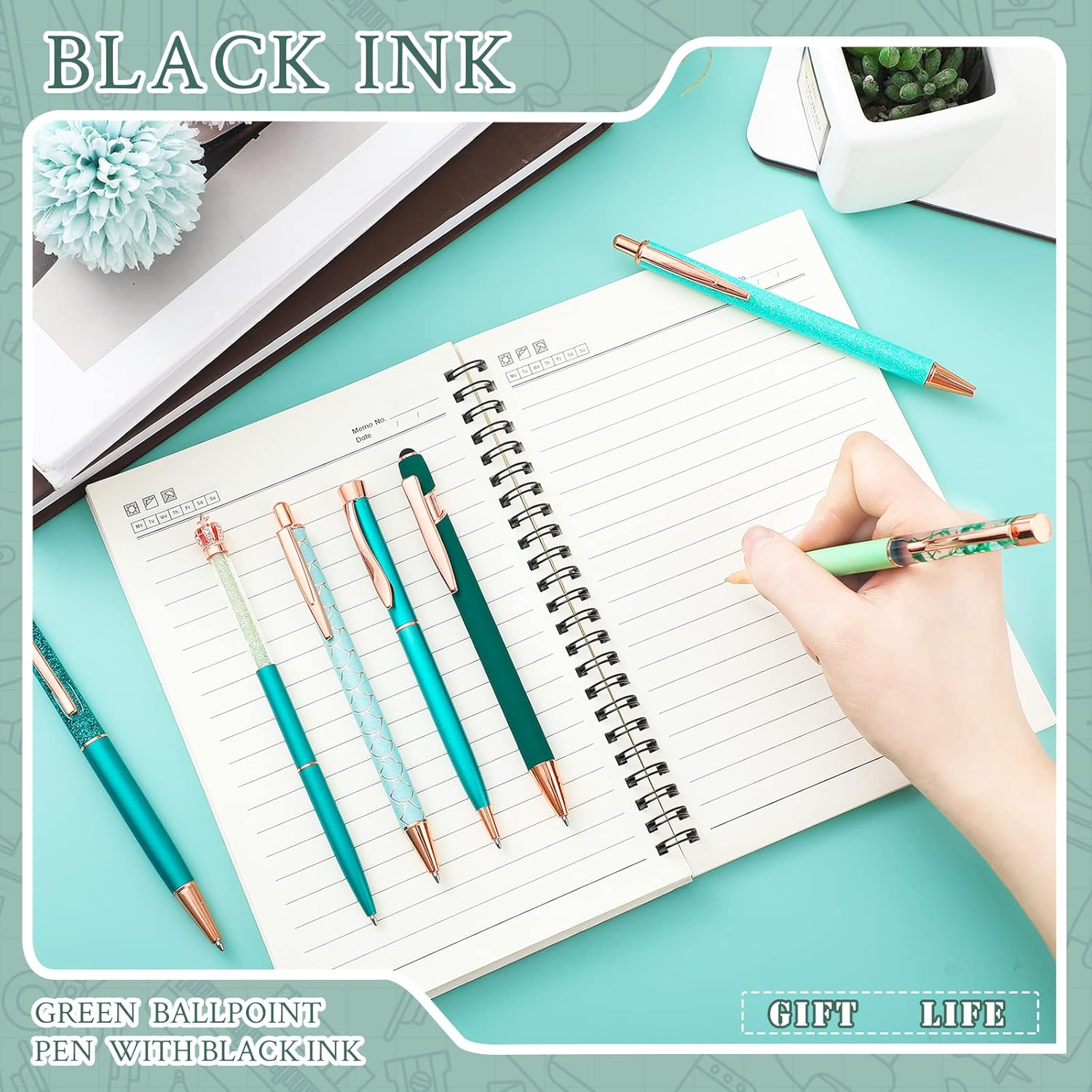 Yaomiao 9 Pcs Ballpoint Pens Set for Women Metal Crystal Diamond Pen Glitter Black Ink Pen Fancy Pens for Women Christmas Birthday Wedding Gift(Malachite Blue) image number 1