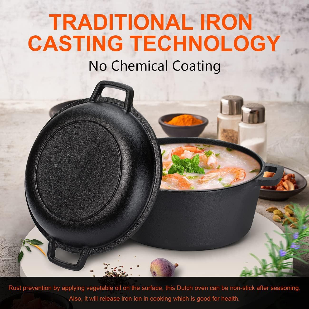 2-In-1 Cast Iron Dutch Oven Set, Pre-Seasoned Dutch Oven Pot with Lid and Dual Handles, for Bread, Frying, Cooking, 5-Quart image number 4