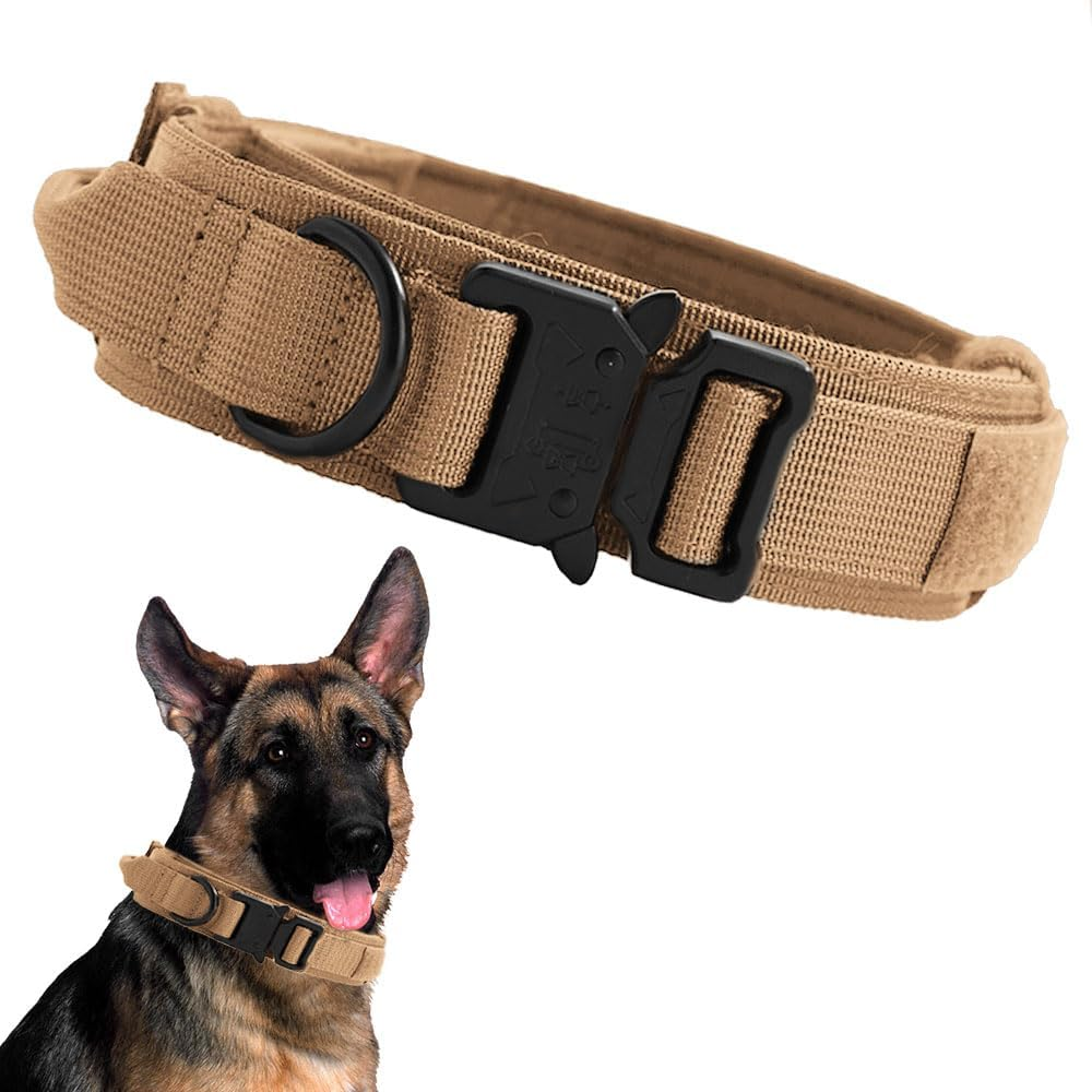 Voarge Tactical Dog Collar, Adjustable Dog Collar with Control Handle, Padded Nylon Dog Collar, Metal Buckle, for Medium Large Dogs, Hunting Training, Outdoor (Brown, XL)