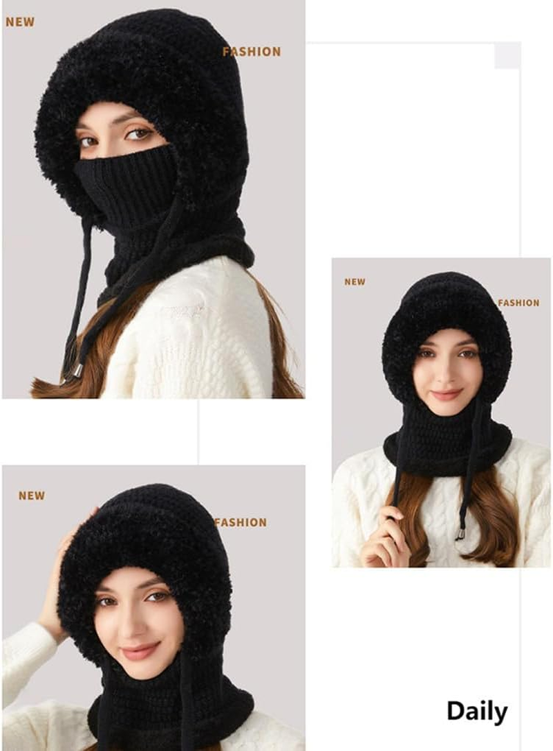 CLSSLVVBN 3 in - 1 Women Beanie Skiing Hat Face Covering Cap Outdoor Adventures and Mask Hats Size Drawstring, for Skiing And - Black image number 5