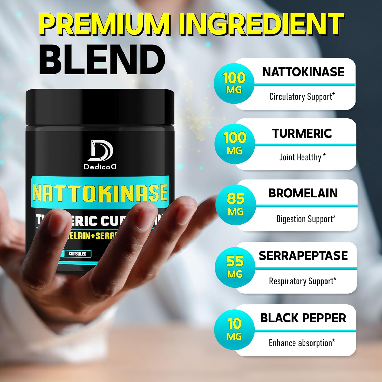 DEDICAD 120 Capsules Nattokinase 2000 Fu Supplement - Combined with Curcumin, Bromelain, Serrapeptase & Black Pepper - Body Balance, Circulation Health & Immune System - 4-Month Supply image number 1