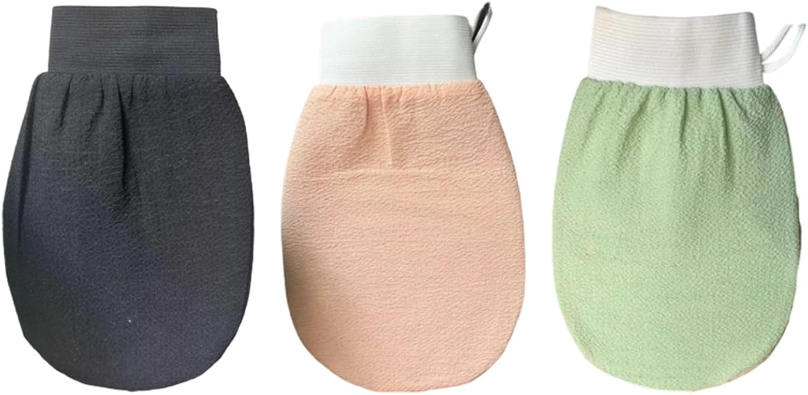 3 PCS Exfoliating Gloves, Exfoliating Mitt for Body Scrub, Korean Style Deep Cleaning, Dual-Sided for Smooth Skin, Includes Black Pink Green with Ropes