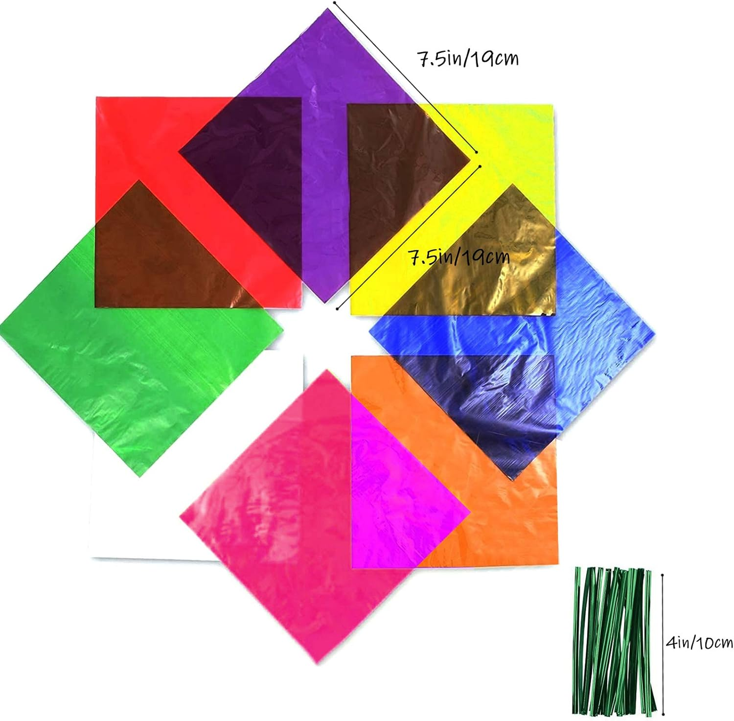 Cinvo 160 Pcs Cellophane Sheets Multi-Colored See through Colorful Sheets with Twist Ties Cello Wraps for DIY Arts and Crafts, Treats Candy Wrapping Party Supplies (7.5 X 7.5 Inch) image number 4