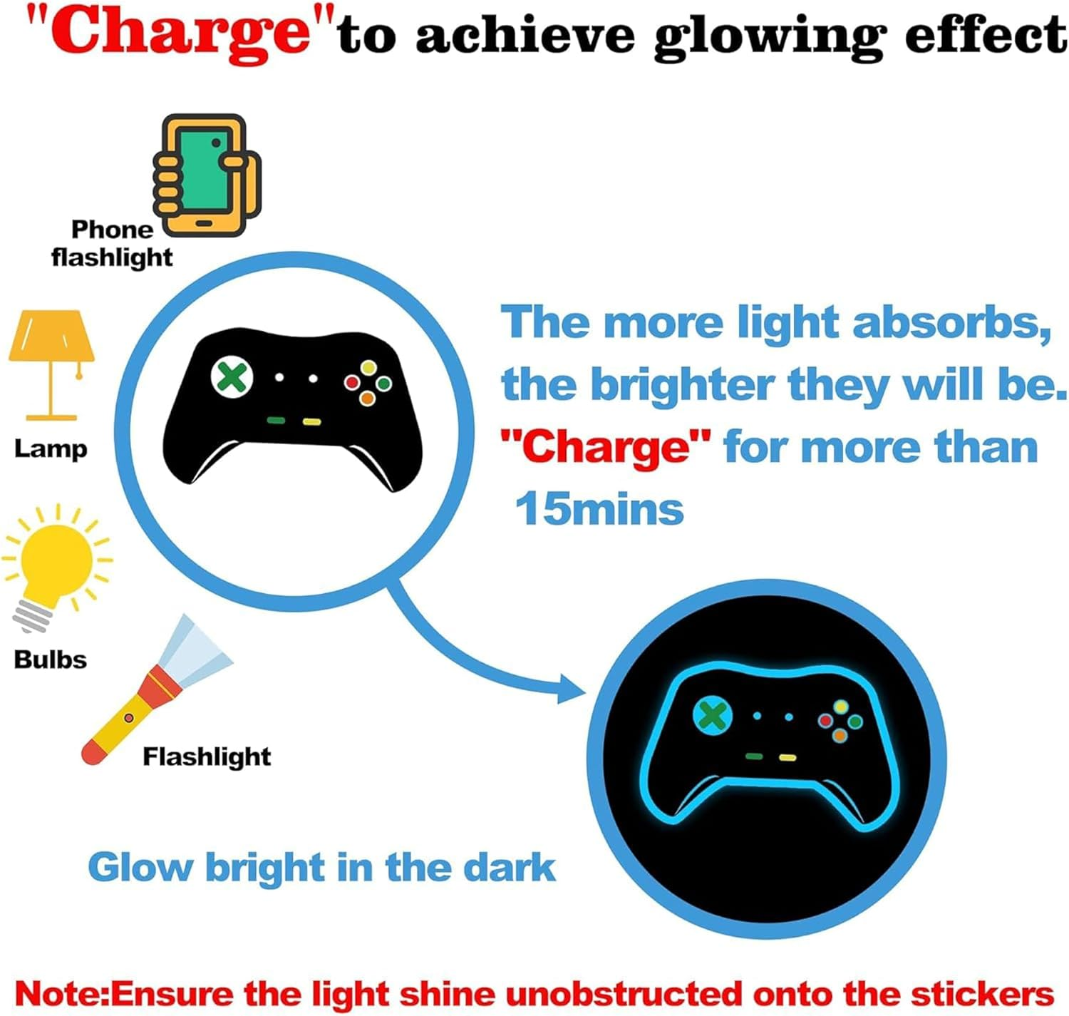 Gamer Wall Decals Stickers Glow in the Dark Wall Decals Game Wall Stickers Gaming Controller Wall Decals Game Room Decor Video Game Decal for Boys Kids Girls Bedoom Playroom Wall Decor&hellip; (Sky Blue)