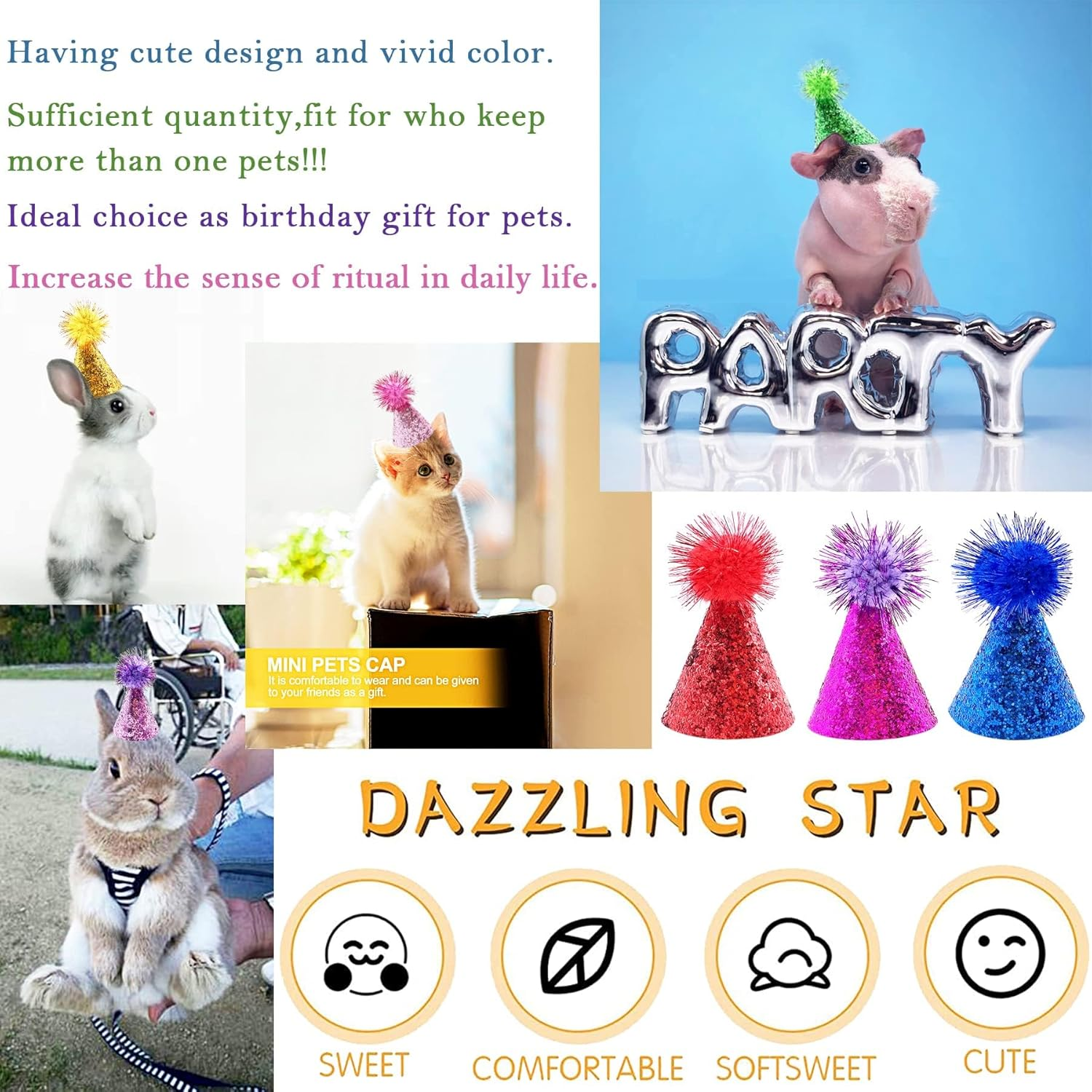 10 Packs Cat Birthday Hat, Dog Party Hats, Multi-Color Cat Hats, Mini Party Hats, Pompoms Shiny Birthday Party Adjustable Headbands Birthda for Small Animals Friends (Chroma) image number 5