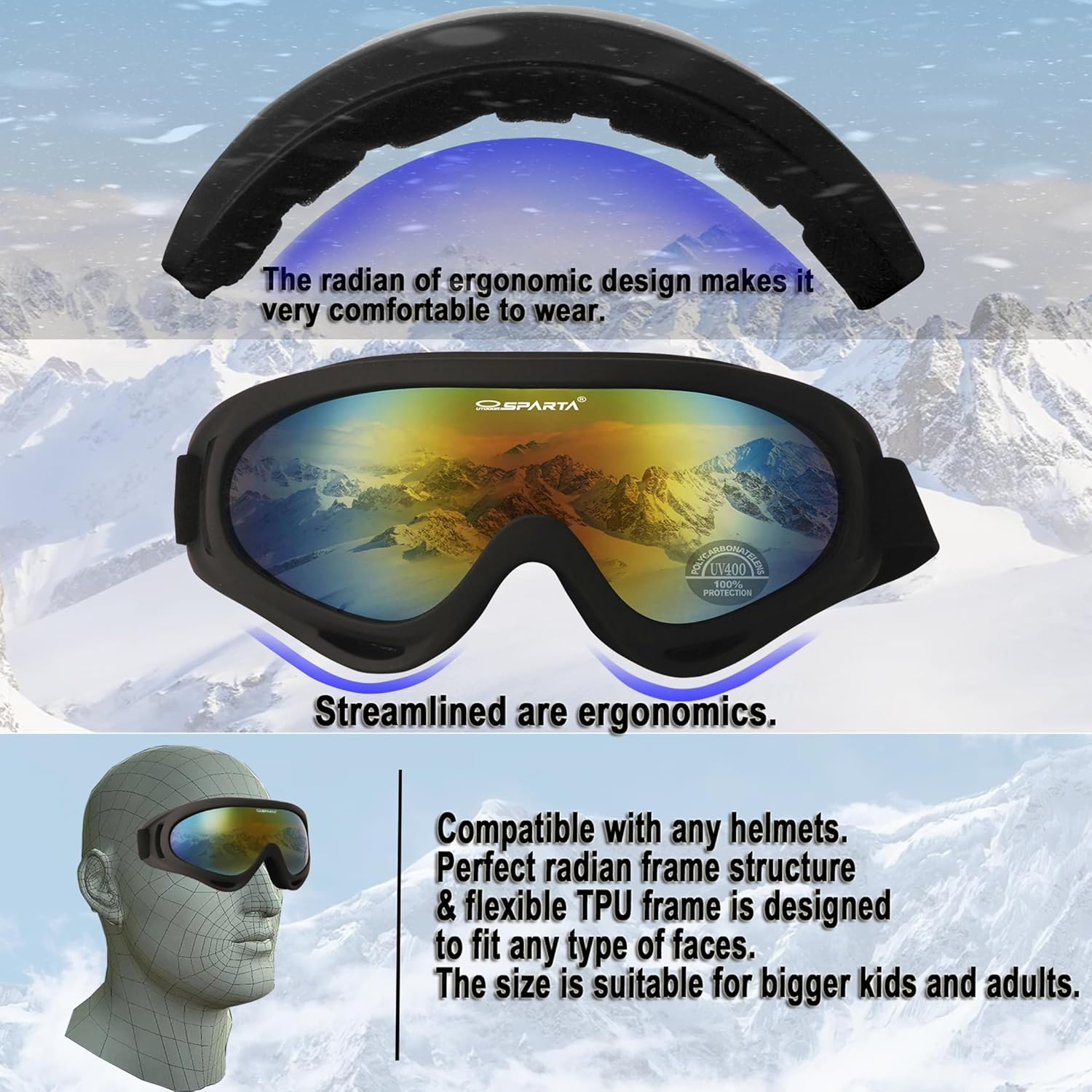 OUTDOOR SPARTA 2-Pack Ski Snow Sports Snowboarding Goggles Motocycle Goggles Cycling Glasses for Men Women Youth Boys Girls image number 4
