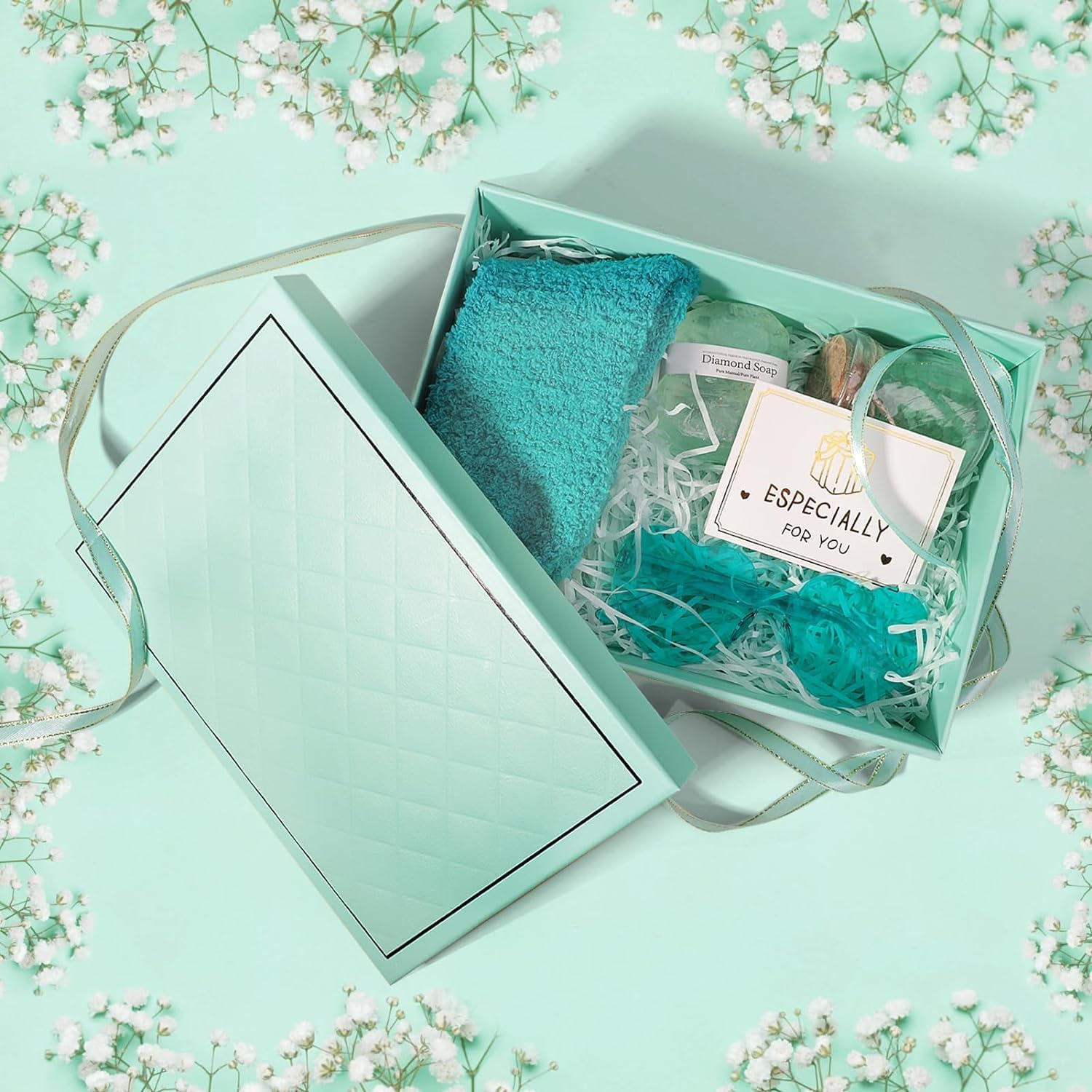 OSYLICT Gift Boxes with Lids,9.8 * 7 * 3.3 Inches with Card, Ribbon, Raffia Shredded Paper.Small Blue Gift Box for Presents,Christmas,Weddings, Birthdays,Bridesmaids. (Blue) - Pink image number 5