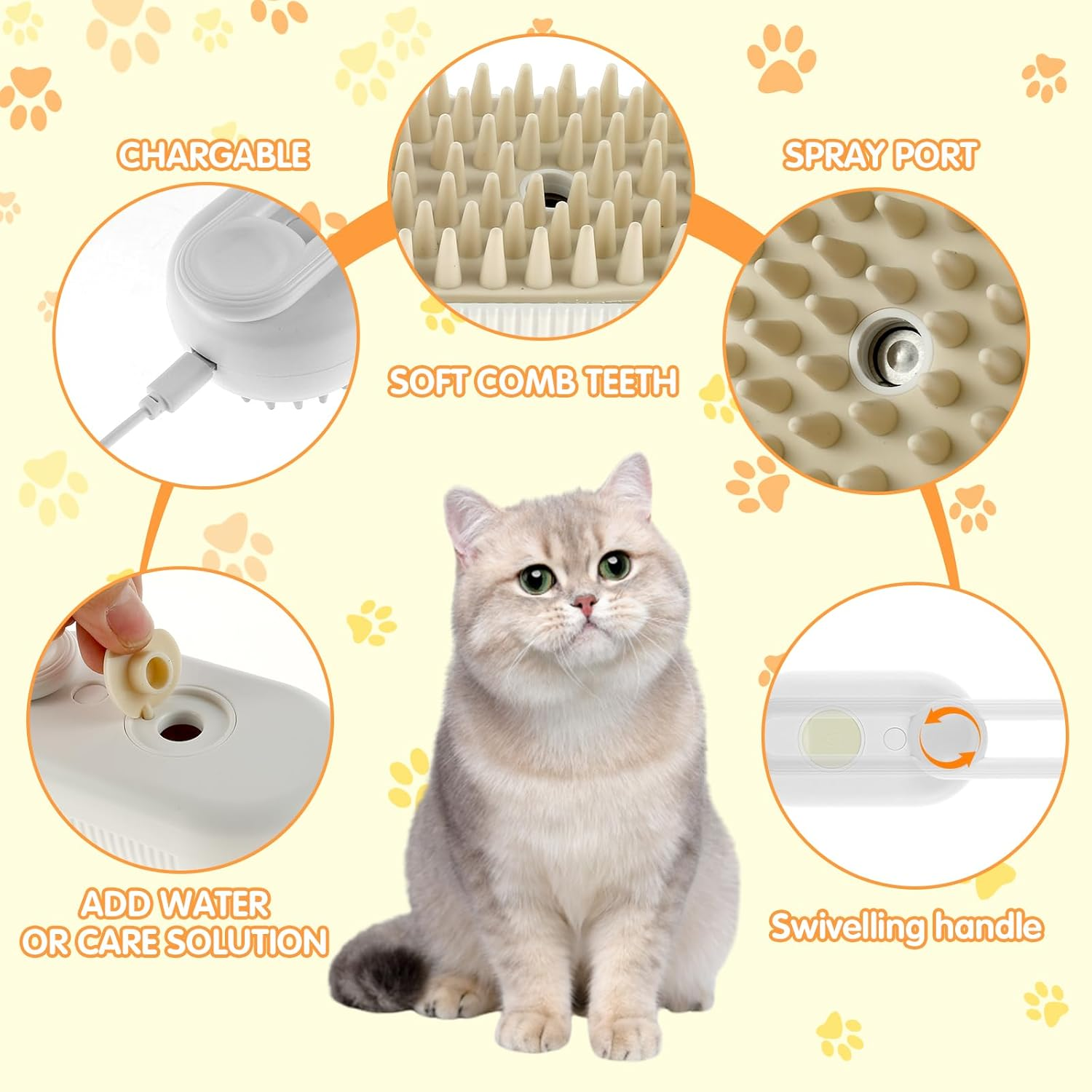 Fxvhojq Spray Cat Brush 150Mah Rechargeable Cat Steamy Brush with Water Tank and 20Ml Free Wash Liquid Cat Steam Brush Comfortable Cat Grooming Brush with Soft Silicone Comb Teeth for Massage (White)