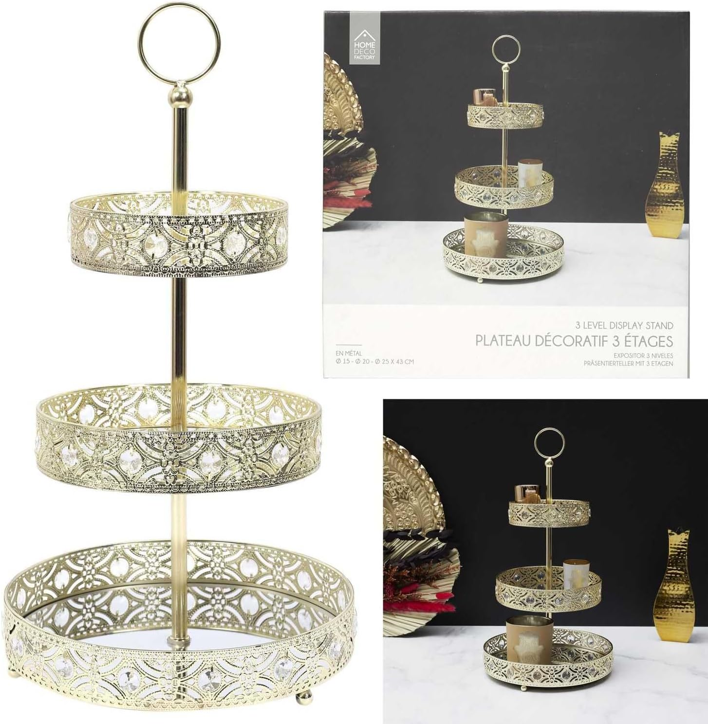 HOME DECO FACTORY, KA0112, Decorative Gold Metal Tray with Three Tiers, Ideal for Presenting Objects, Easy to Maintain, Design Inspired by Oriental Motifs, 3 Tiers, Gold image number 4