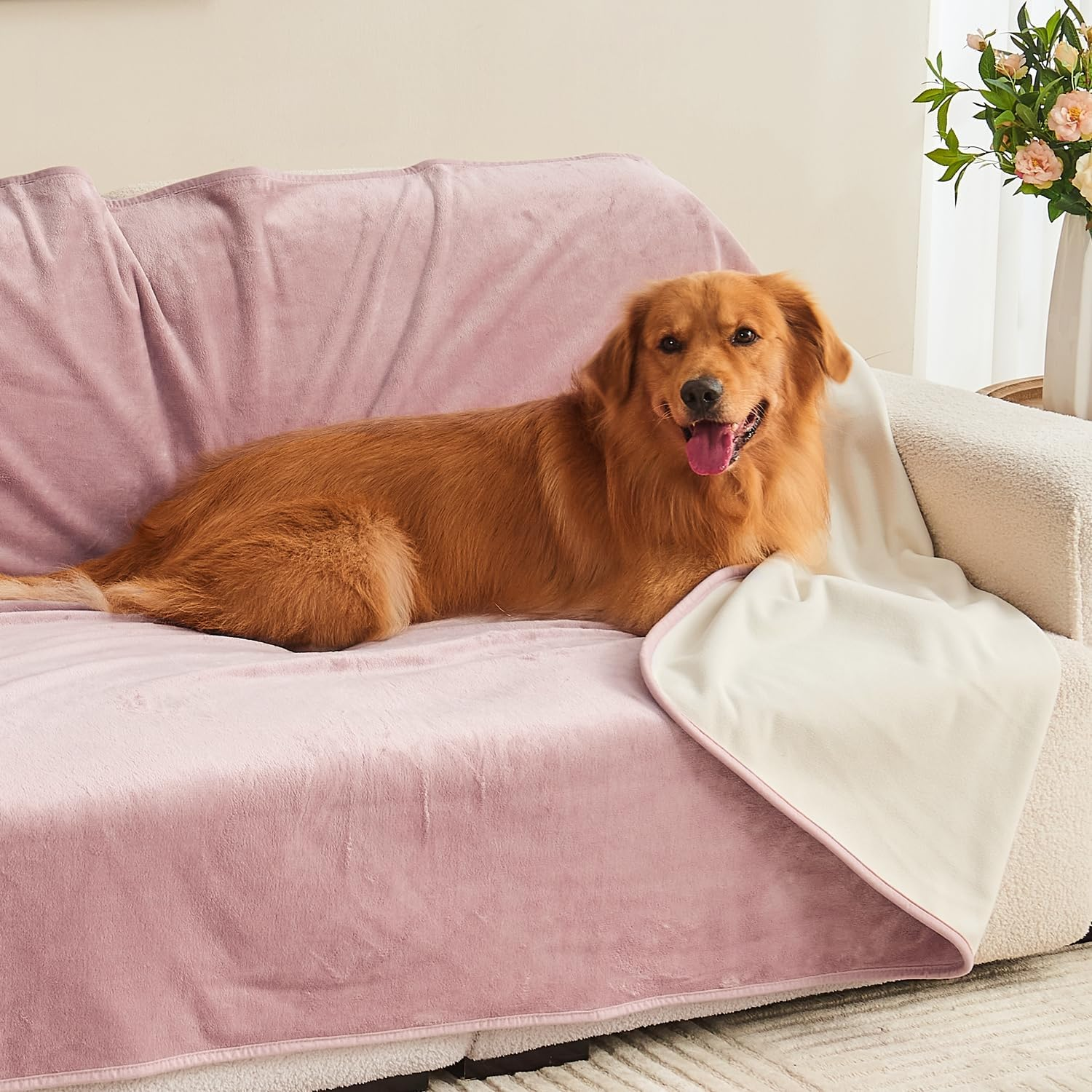 Yaning Waterproof Blanket 80"X90" for Adults, Reversible Waterproof Bed Cover for Dogs Cats Pets, Soft Leakproof Blanket for Bed Couch Sofa Furniture Protector, Dusty Pink/Off White image number 3