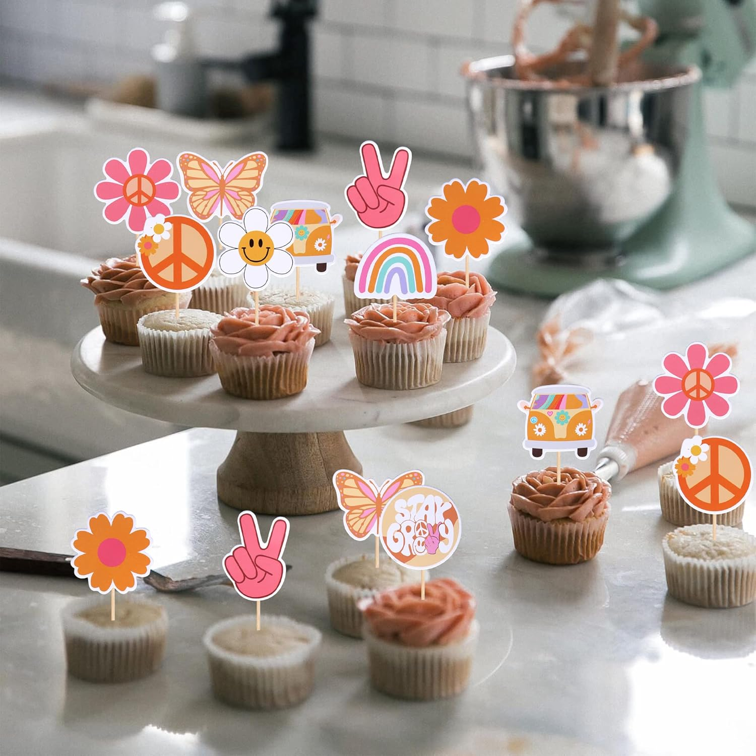 SYKYCTCY 36 Pack Hippie Party Cupcake Toppers Peace Sign Hand Butterfly Two Groovy Cupcake Picks Flower Bus 60S Retro Boho Cake Decorations for Hippie Two Groovy Carnival 2Nd Birthday Party Supplies image number 3