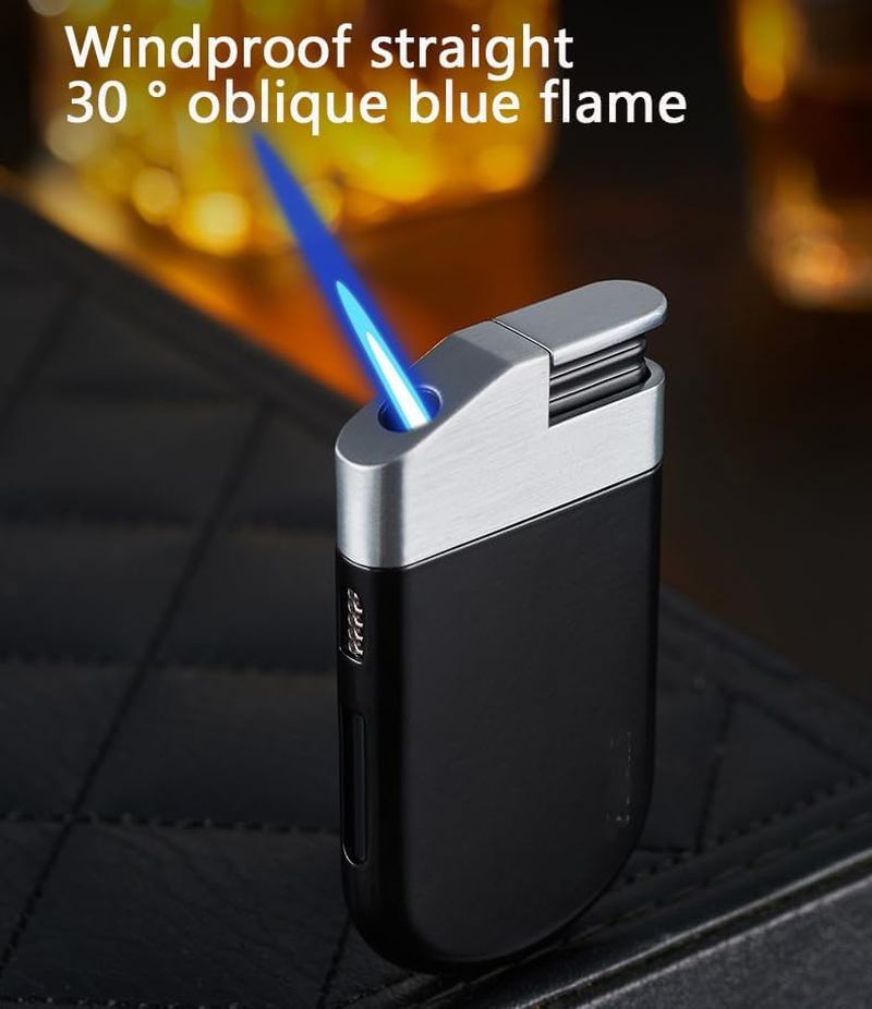 Oblique Flame Refillable Windproof Lighter Metal Visible Gas Tank Lighter,Adjustable Flame Intensity Butane Lighter, Compact Wind-Resistant Cigar Lighter, Ideal Gift(No Gas) (Black & Rose Gold) image number 3