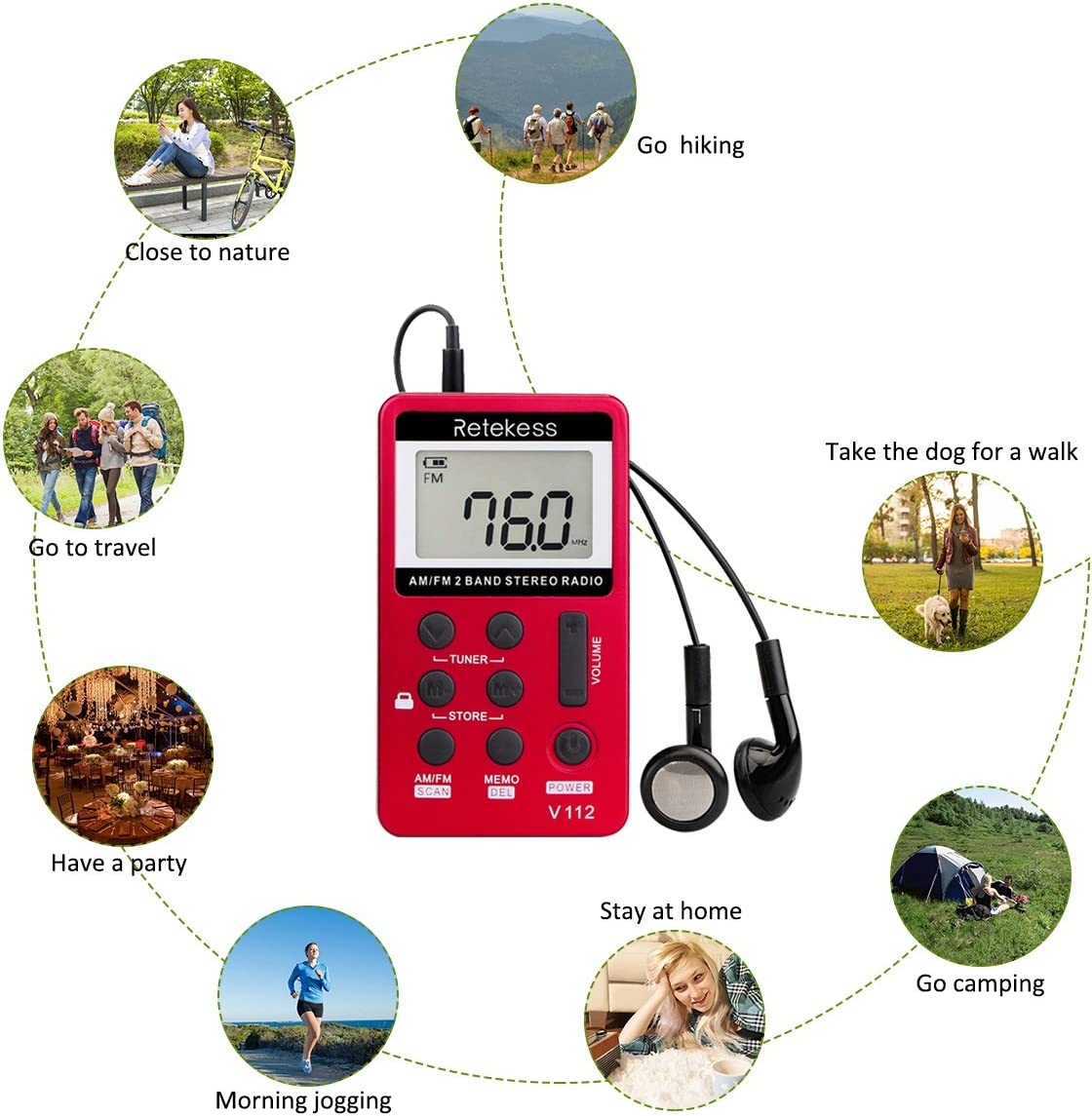 Retekess V112 Portable Pocket AM FM Radio Digital Tuning Mini Little Radios with Earphone Rechargeable Battery LCD Screen for Walk Running Kids Senior Adults (Red+Gold) image number 5