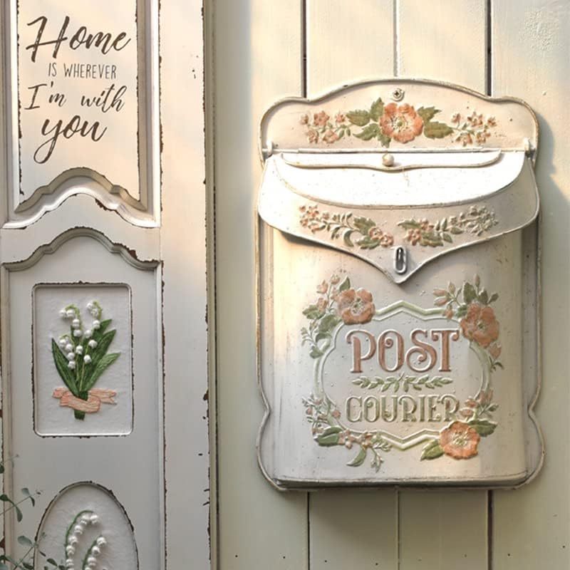 BIG FORTUNE Letterbox Mailbox Wall Mount Mailboxes for outside Vintage Mail Boxes/Wall Antique Style Nostalgic Charm Home Decor Metal Garden Flower Patter White
