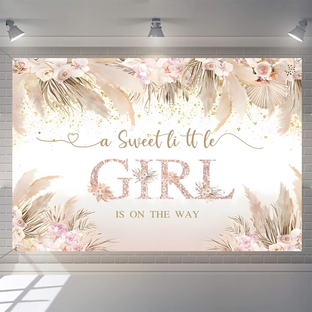 A Sweet Little Girl Is on the Way Baby Welcome Backdrop Pink Flowers Baby Shower Photography Background Flower Baby Girl Party Decorations Party Banner Fabric Sign Poster image number 4