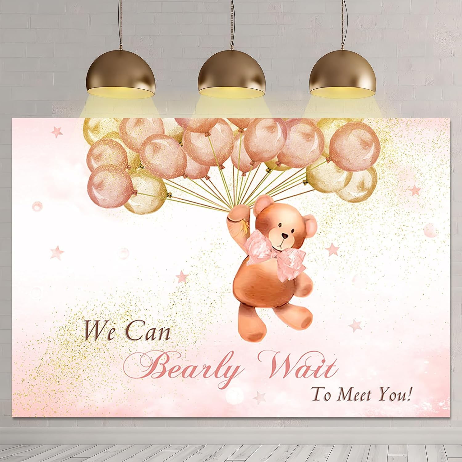 APROPHIC Bear Boy Baby Bathing Background We Can Look Forward to Meeting You Pink Balloon Gold Glitter Photo Background Party Banner Cake Table Decoration Photo Stand Accessories 210 X 150 Cm image number 3