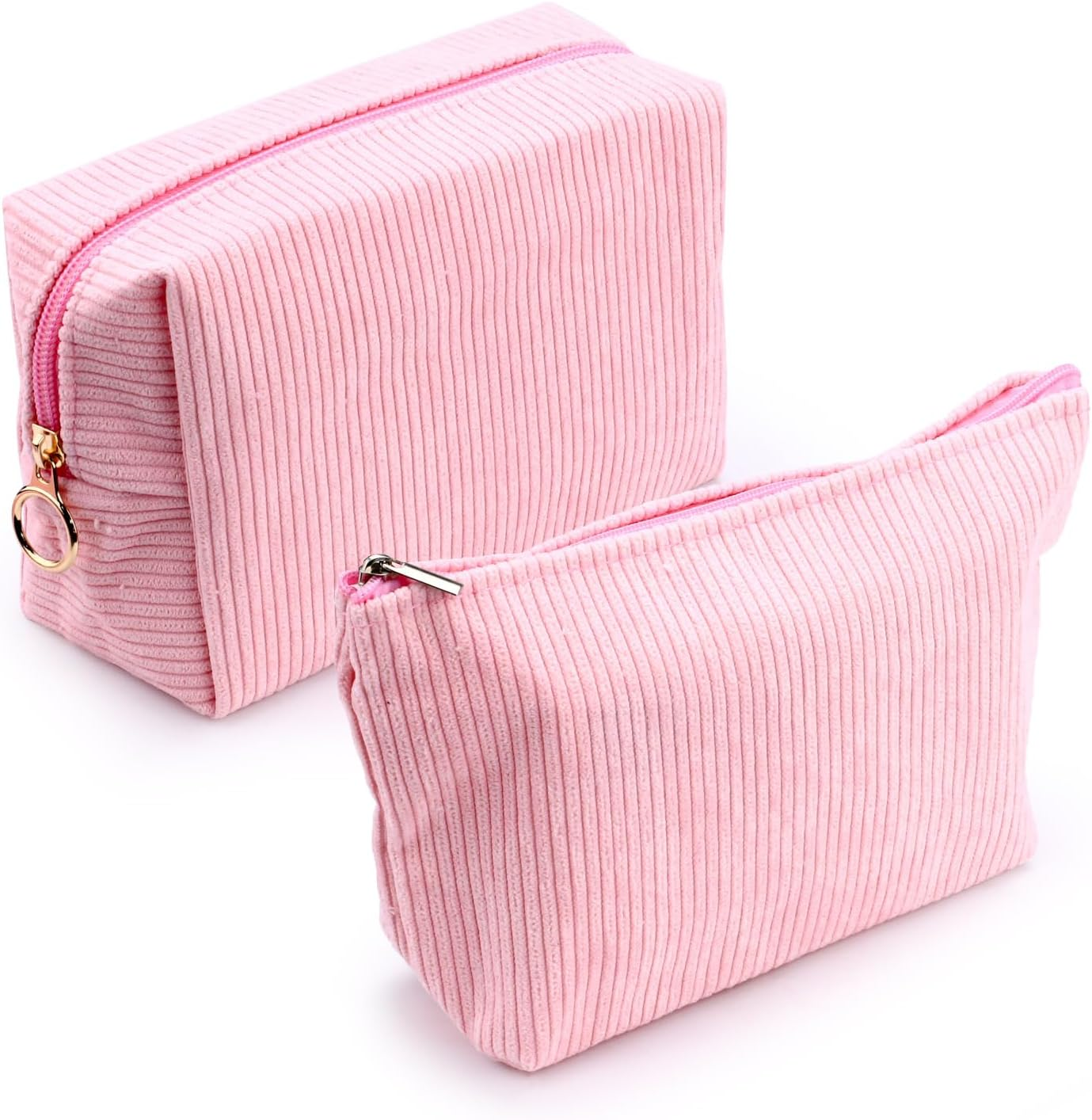 Huakaile 2 Pieces Corduroy Makeup Bag Set, Small Cosmetic Pouch Case with Zipper, Cute Travel Toiletry Bag Organizer for Girls Women Gifts Purse Storage (Pink)