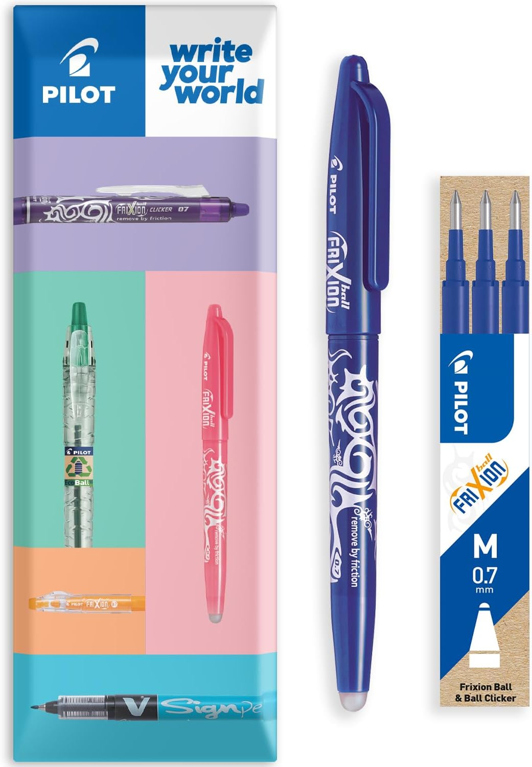 Pilot Frixion Heat/Friction Erasable Rollerball Pen FR7 - Medium Line 0.7Mm Tip Nib - Wallet Pack of 1 Pen + 3 Refills (Blue)