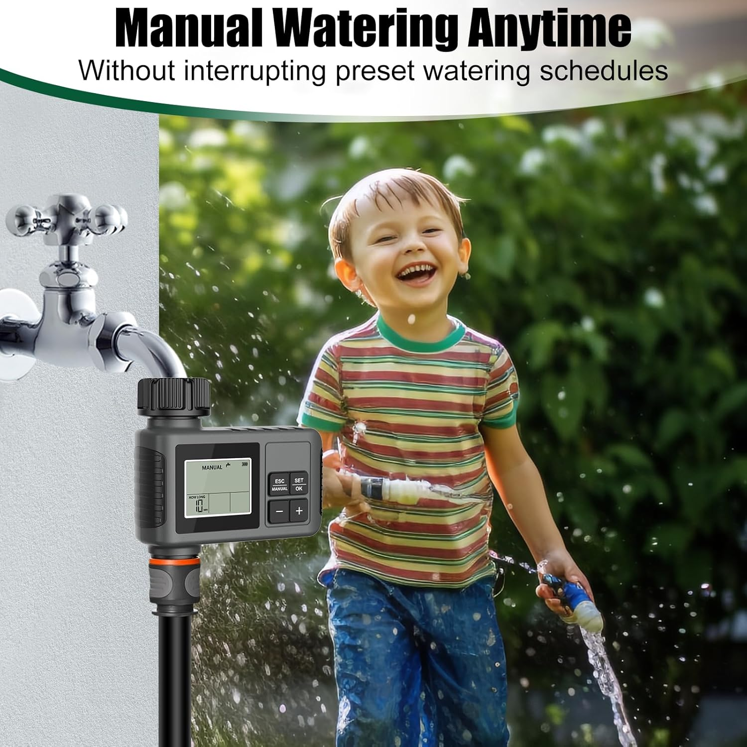 HUAJUN Water Timer for Garden Hose, Programmable Digital Sprinkler Timer with Manual & Automatic Modes, Tap Timer Outdoor with IPX5 Waterproof Design and Rain Delay for Yard, 1 Outlet image number 3