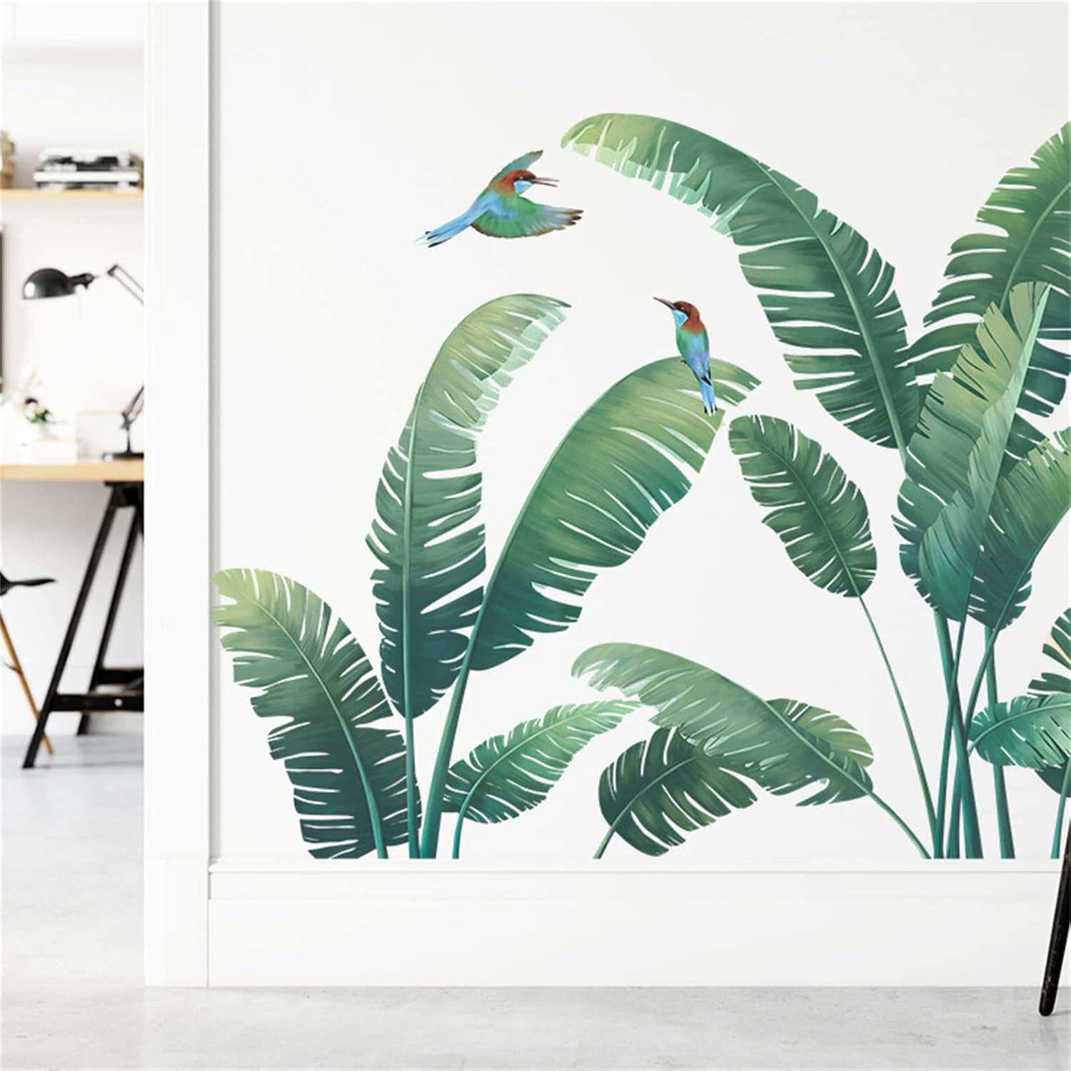 Green Plant Wall Stickers, Tropical Rainforest Monstera Leaf Decal Natural Palm Leaves Nordic Green Leaf Plants Banana Leaf Bird Wall Mural Bedroom Living Room (Green Palm Tree) image number 2