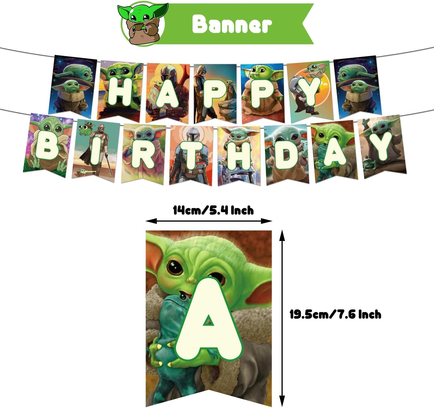 YUANHUISHENG Baby Yoda Birthday Party Decorations - 1 Banner, 18 Balloons, 1 Big Cake Topper, 12 Cake Toppers, 6 Hanging Swirls image number 3