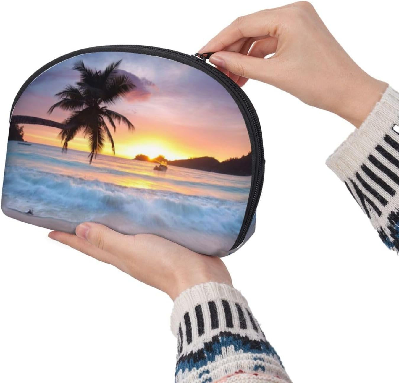 Cozimangoe Coin Pouch Makeup Bags Set, 2 Piece Shell Shape Cosmetic Bag with Pockets for Daily Travel Handbag Lipstick Keys Toiletry, Personalized Sunrise Tropical Palm Tree Island image number 6