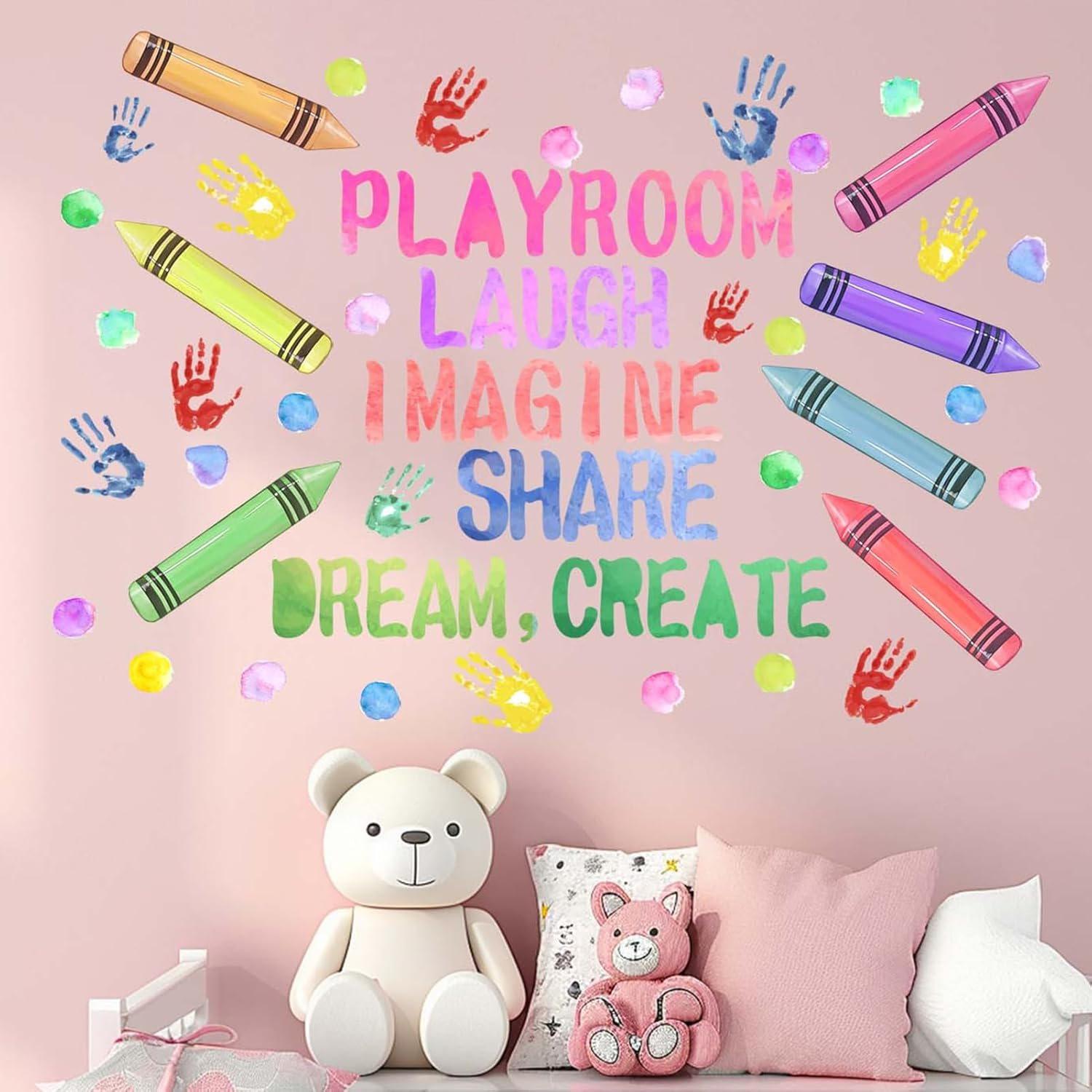 Playroom Wall Stickers - Crayon Handprint Polka Dots Inspirational Quotes Wall Decals - Girls Baby Nursery Kids Room Classroom Laugh Imagine Share Dream Create Wall Decor image number 1