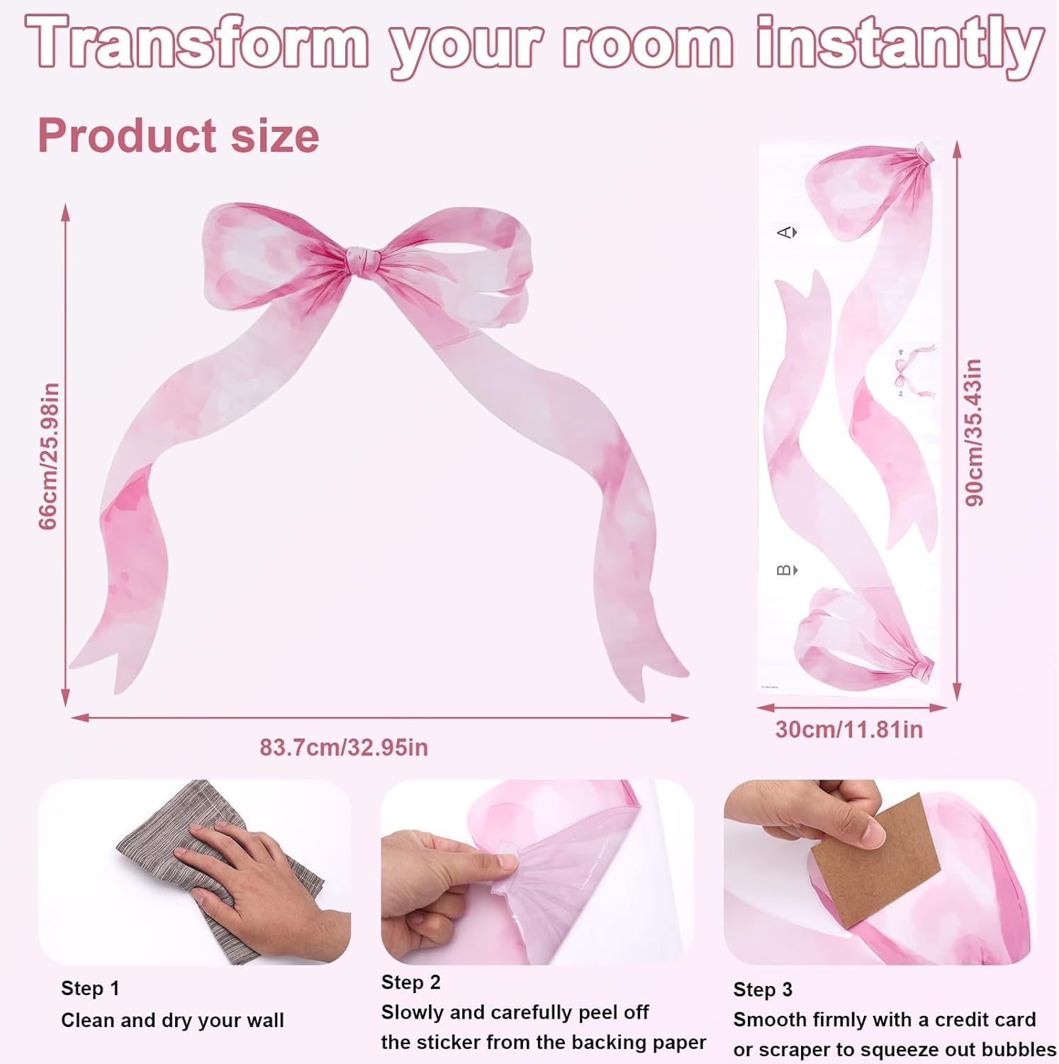 Large Bow Tie Wall Sticker, 27.2X19.7 Inch Bow Wall Decor Pink Bowknot Bedroom Decals Sweet Aesthetic Decoration for Bedroom Nursery Office Pink Theme Party image number 1