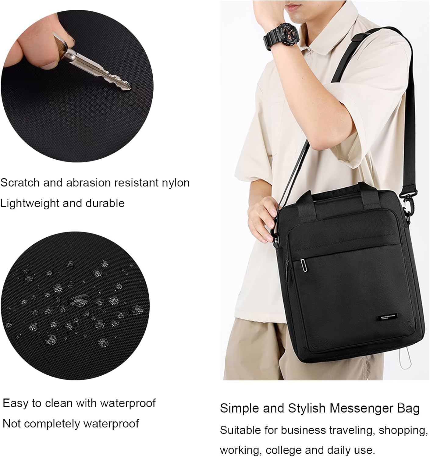 Men'S Messenger Bag A4 Nylon Large Shoulder Bag Business Waterproof Casual Black Crossbody Bag for Work Travel Outdoor, Black image number 2