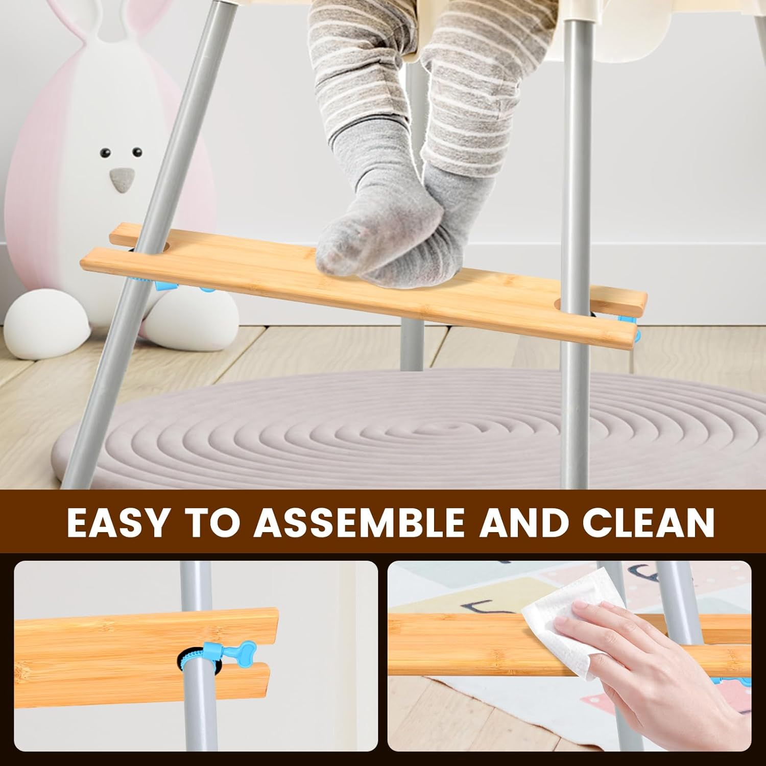 2Pack Baby High Chair Foot Rest Universal Bamboo High Chair Footrest Adjustable Height with Rubber Ring Compatible for Most Highchairs (Color B) - Color B image number 3