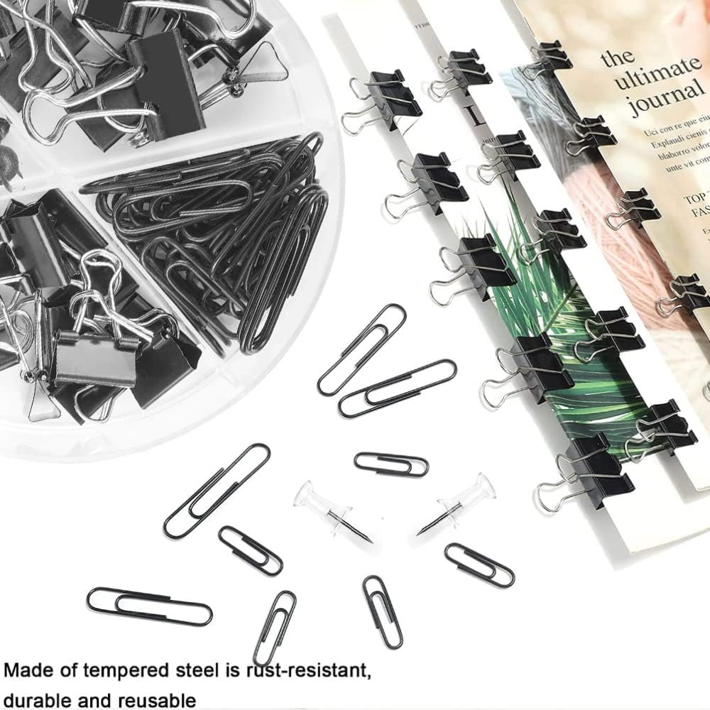 Paper Clips and Binder Clips Set, Metal Assorted Sized Binders with Push Pins, Black Office Supplies for Desk, Durable Desk Accessories - Black image number 2