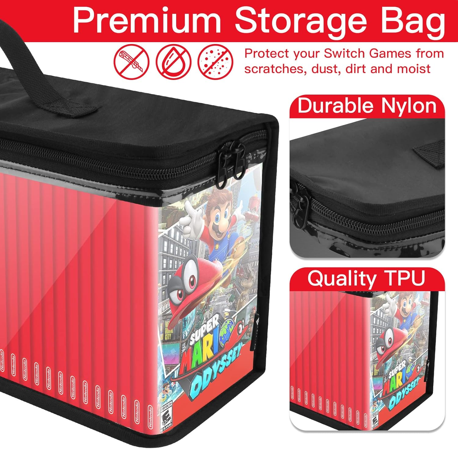 CASZLUTION Game Disc Storage Bag for Nintendo Switch Games, Portable Carrying Case Holds up to 35 Switch Games, TPU Clear Organizer Case for Switch Game Collectors - Black - Red Blue image number 7