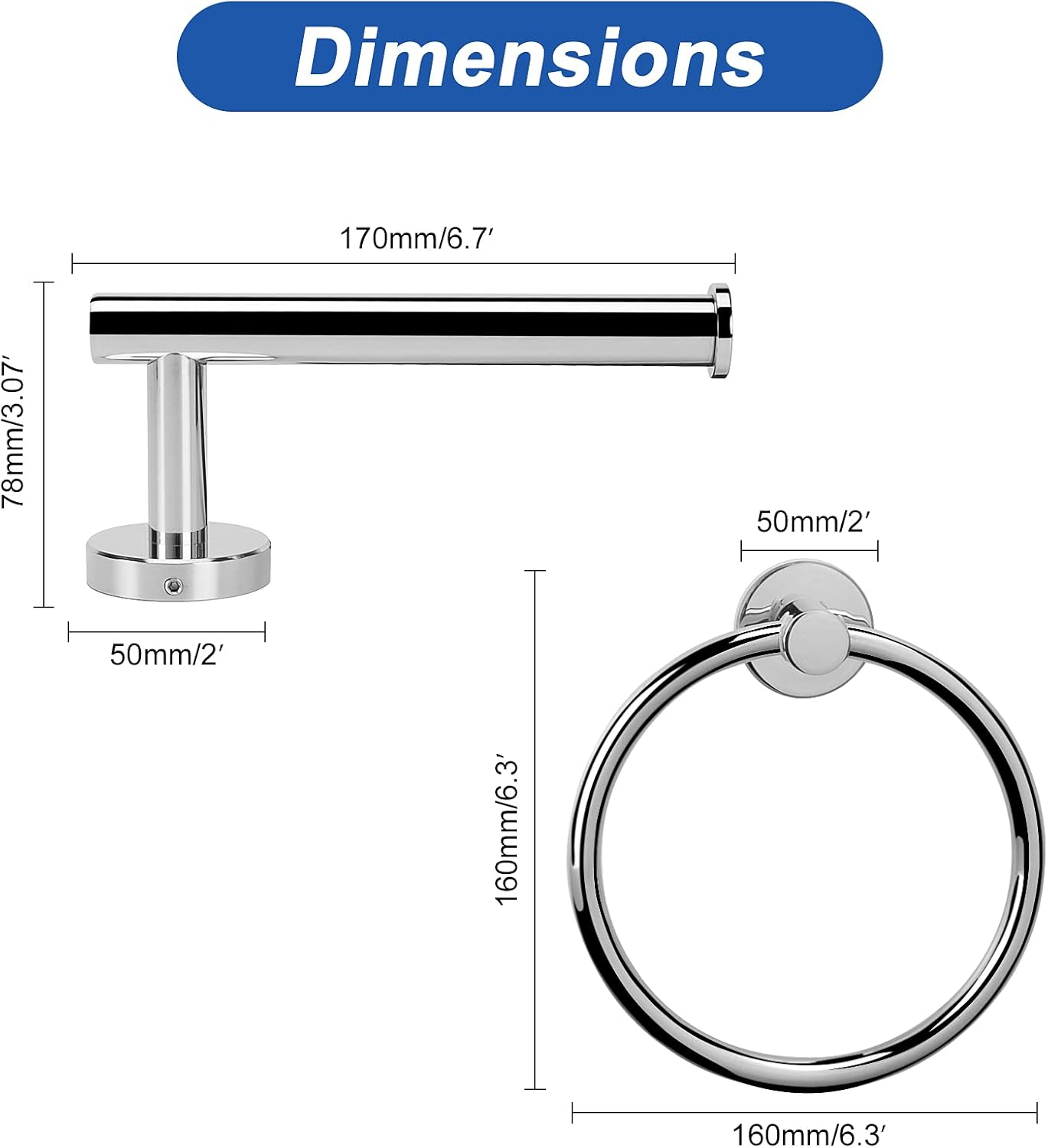 Nearmoon 2 Pieces Bathroom Hardware Accessories, Towel Ring and Toilet Paper Holder- Stainless Steel Bath Towel Hanger and Hand Towel Holder, Wall Mounted (Chrome Finish) - Brushed Nickel image number 6