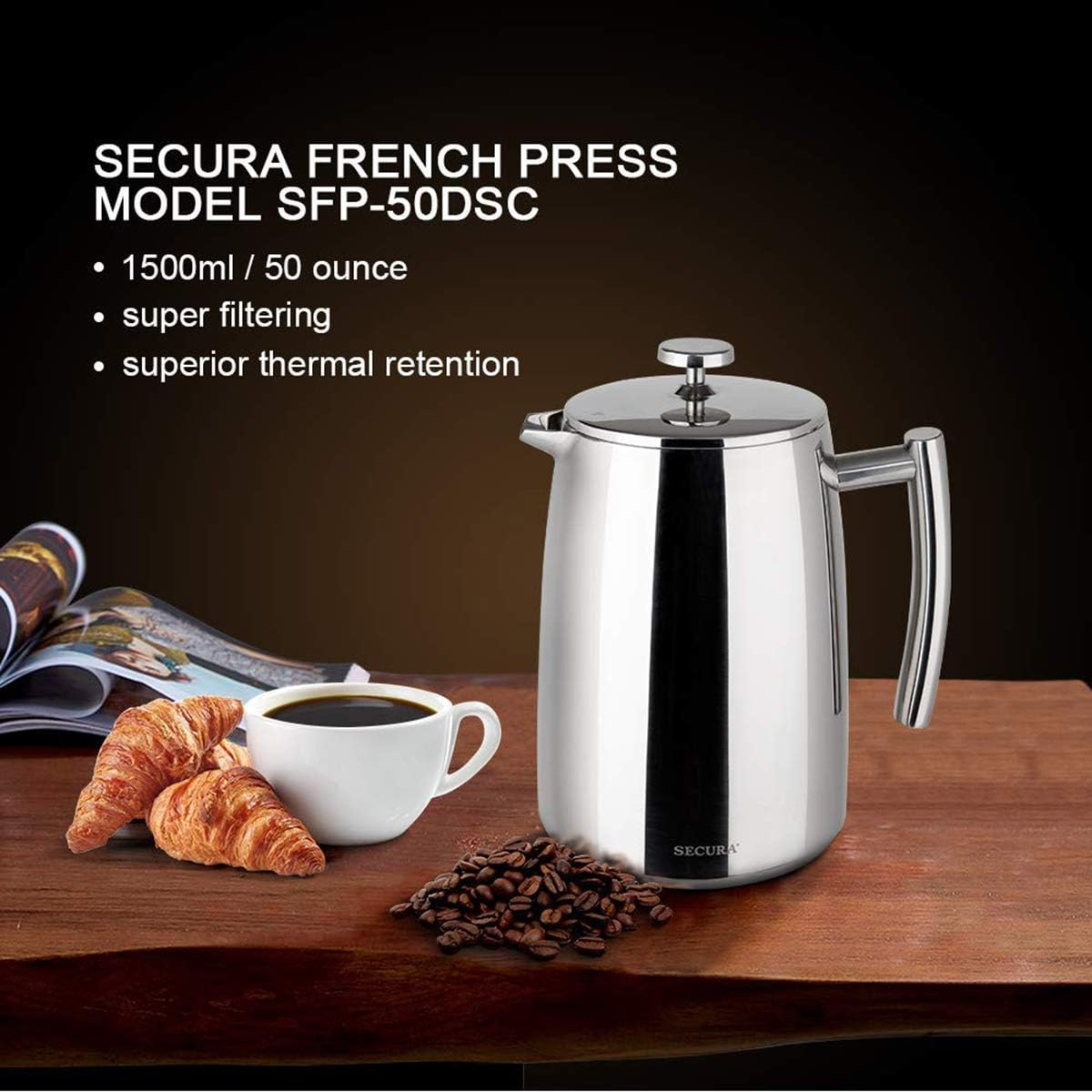 Secura 1500ML French Press Coffee Maker, 50-Ounce, Stainless Steel 18/10 SFP-50DSC, Extra Stainless Steel Screen image number 5