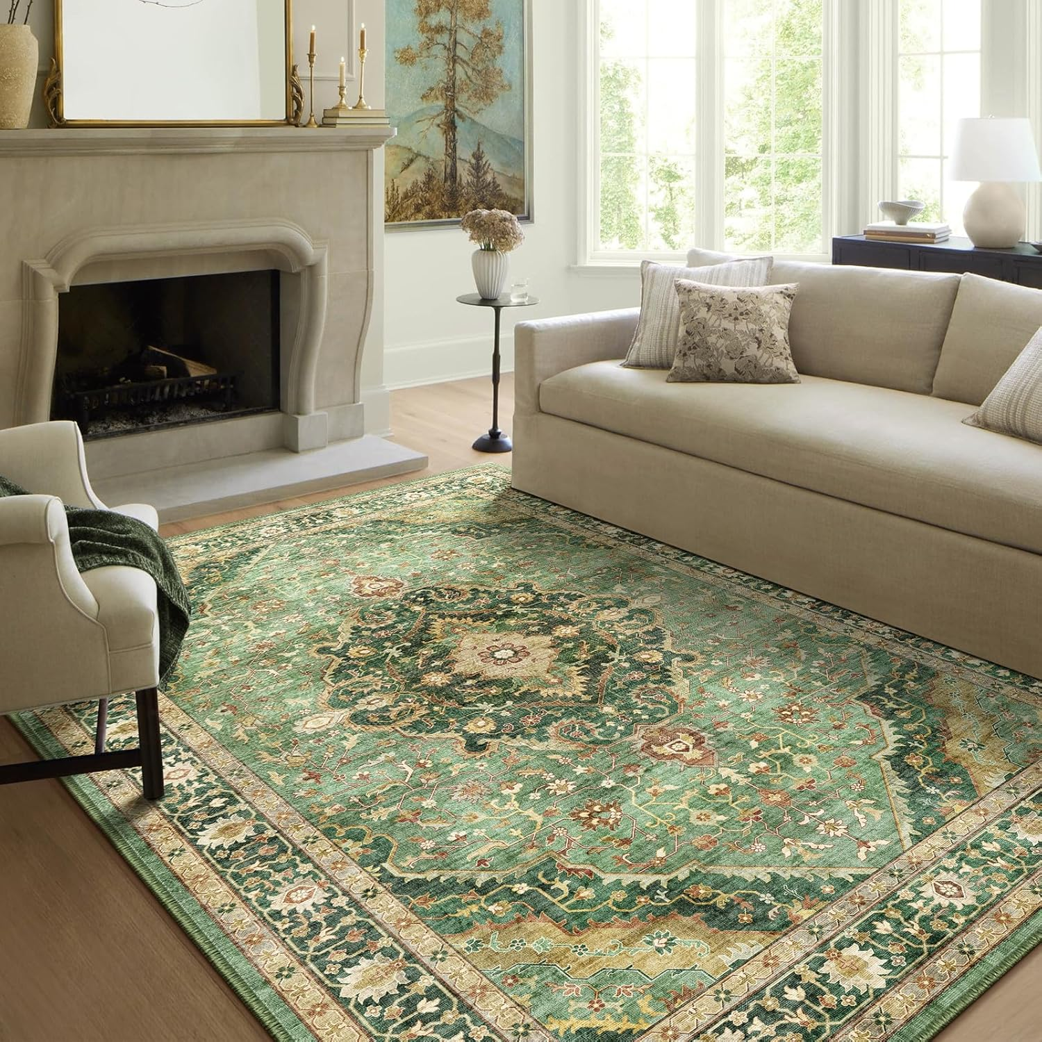 Deerly Area Rugs for Living Room Boho Vintage Machine Washable Carpet Non-Slip Distressed Print Floor Area Rug for Bedroom, Livingroom, Entance, Laundry, Dormitory, Apartment (Darkgreen, 120X160CM) image number 4