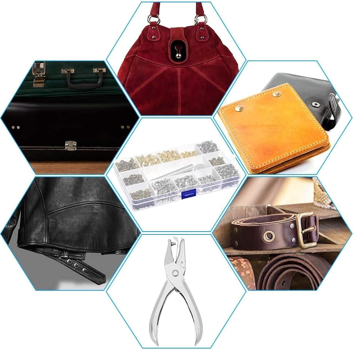 240 Sets of Leather Rivets with Punch Pliers and Fixing Tools,Leather Rivets Double Cap Rivets Tubular Metal Rivets Leather Rivets Bag,Clothing,Shoes,Leather Craft (4 Colors and 3 Sizes) image number 3