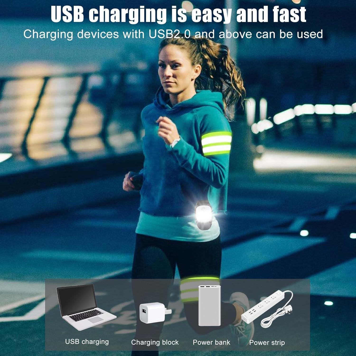 Pack of 2 LED Clip Lamp Outdoor with 4 Reflectors, 3 Light Modes LED Headlamp with USB Rechargeable Night LED Running Lights Small Torch Safety Light for Hiking Camping Running Jogger Fishing